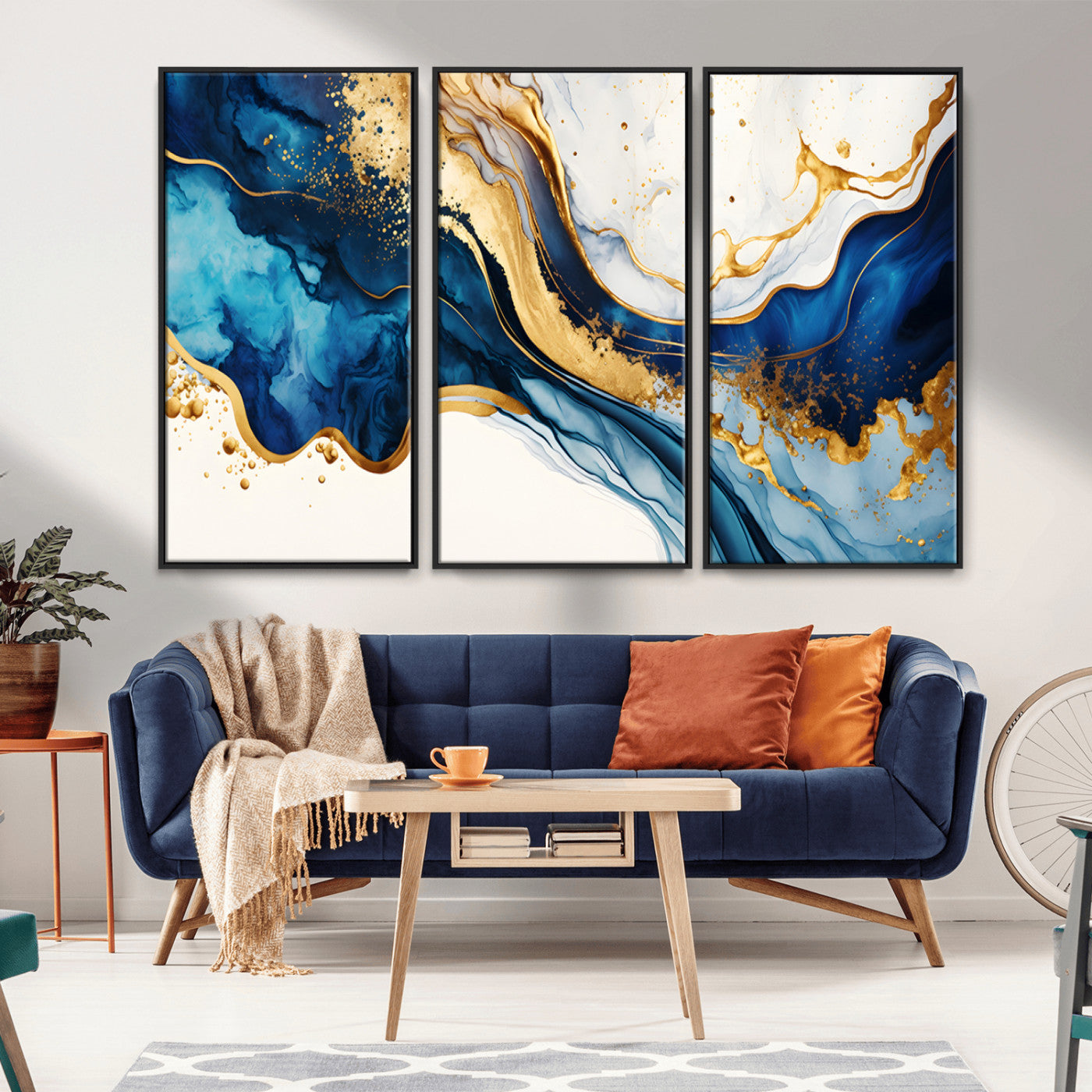 Blue Gold Flow Wall Art Canvas Print – Framed Marble Design