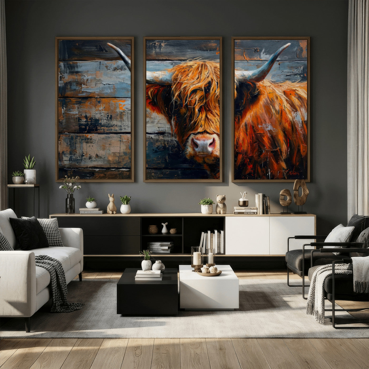 Highland Cow Wall Art Canvas Print, Abstract Rustic Farm