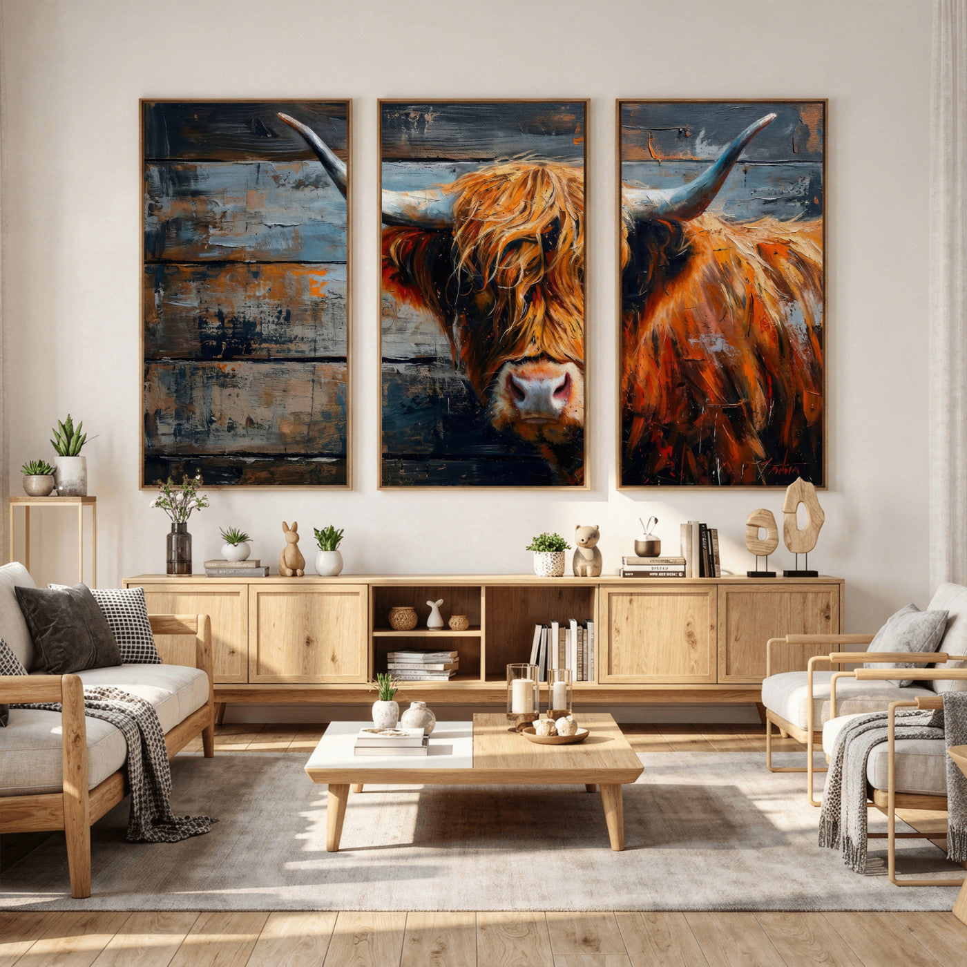 Highland Cow Wall Art Canvas Print, Abstract Rustic Farm