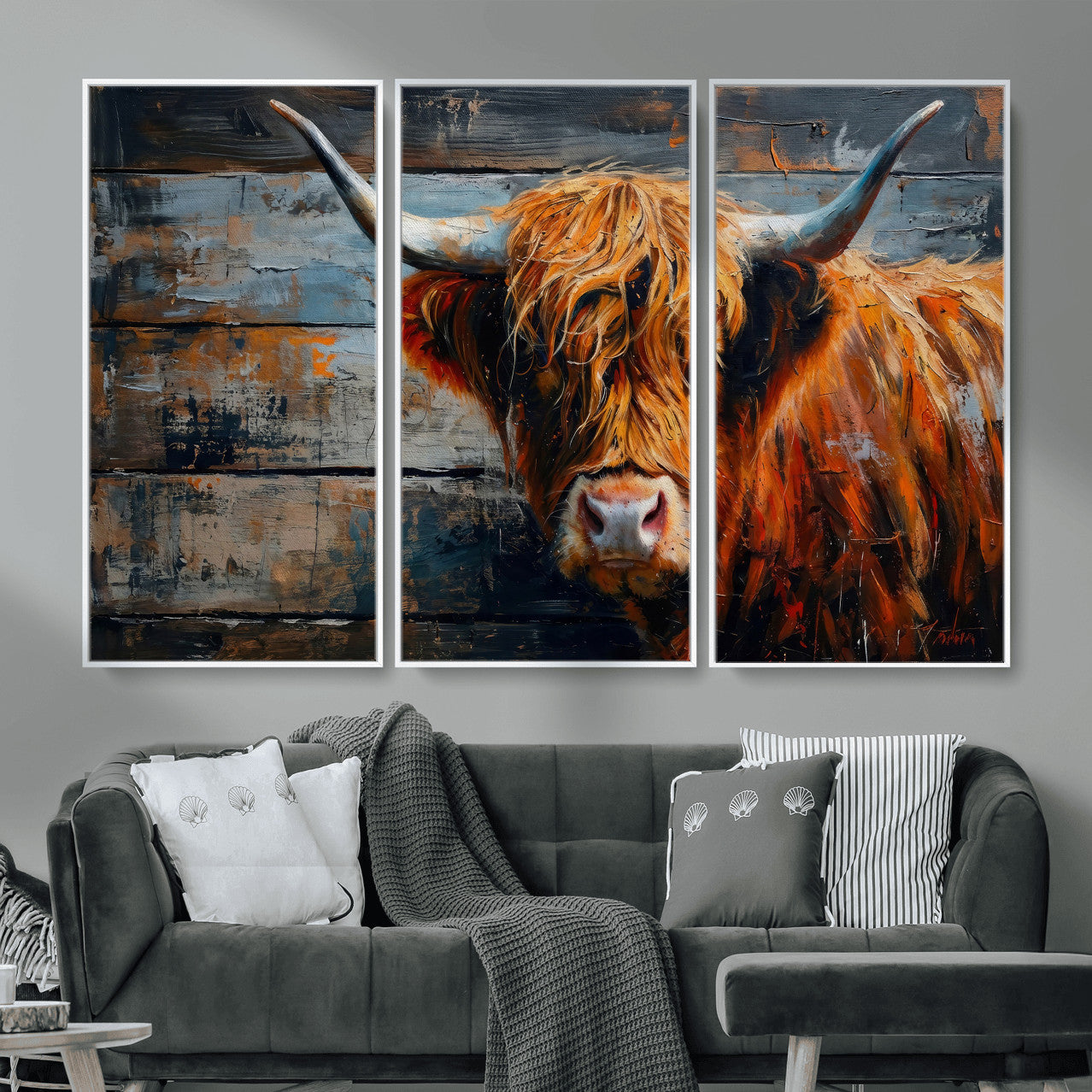 Highland Cow Wall Art Canvas Print, Abstract Rustic Farm