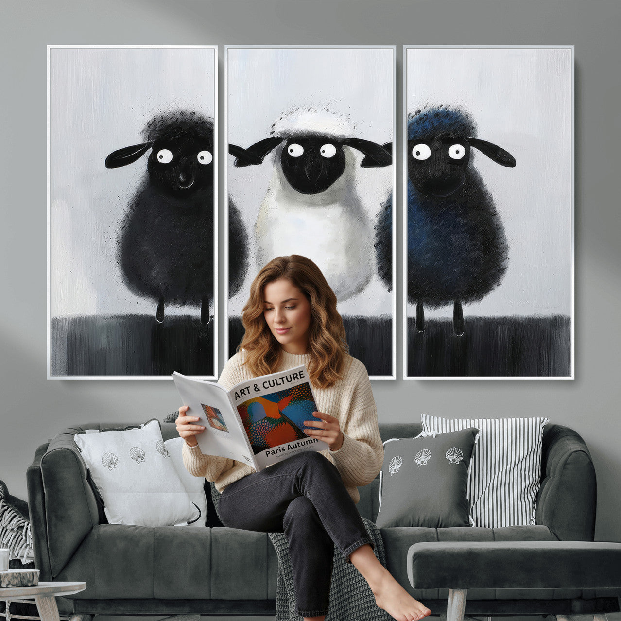 Funny Sheep Canvas Wall Art, Three Quirky Sheep Painting Print, Cute Animal Nursery Decor, Black White Navy Farmhouse Art, Kids Room Gift