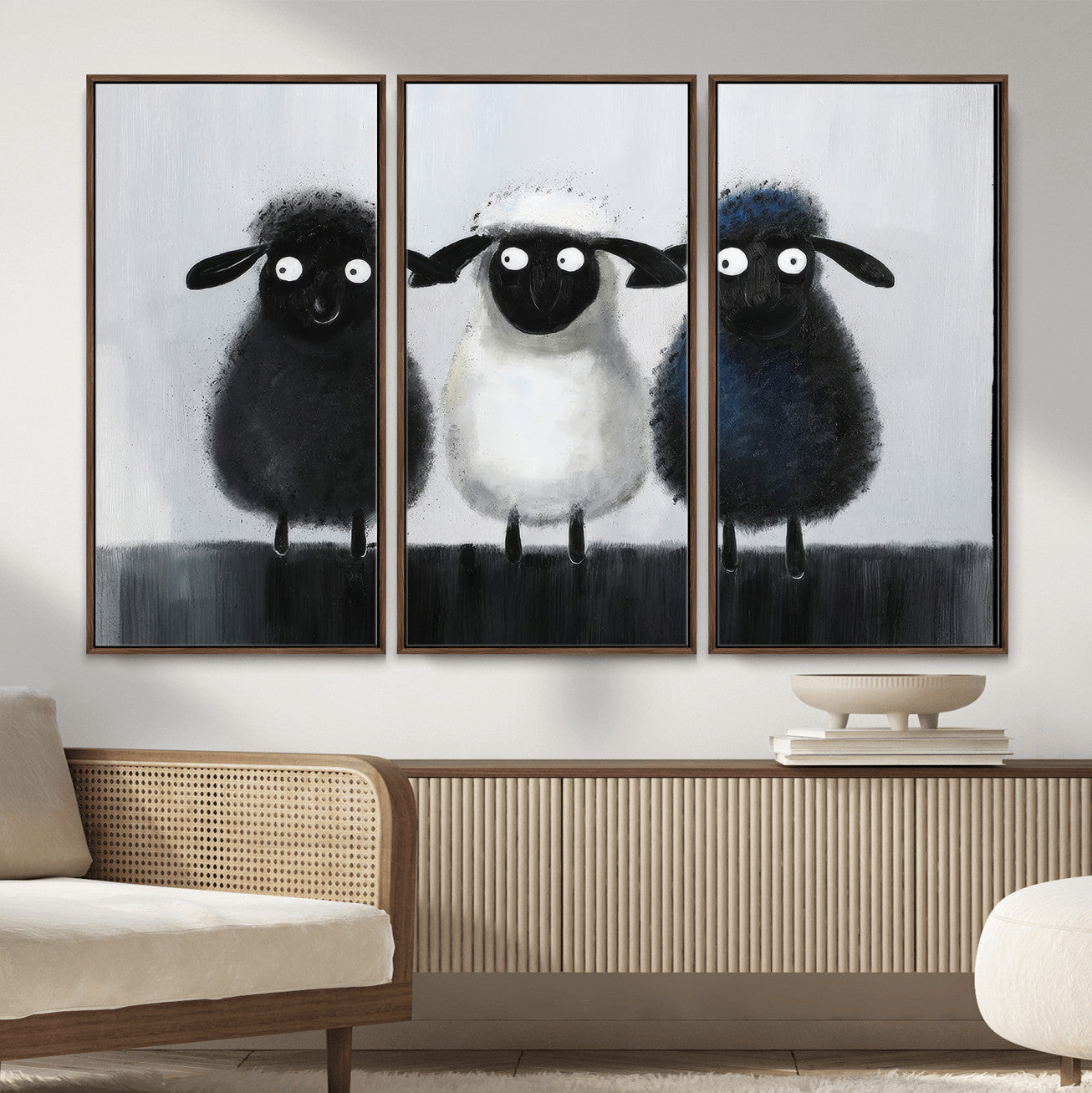 Funny Sheep Canvas Wall Art, Three Quirky Sheep Painting Print, Cute Animal Nursery Decor, Black White Navy Farmhouse Art, Kids Room Gift