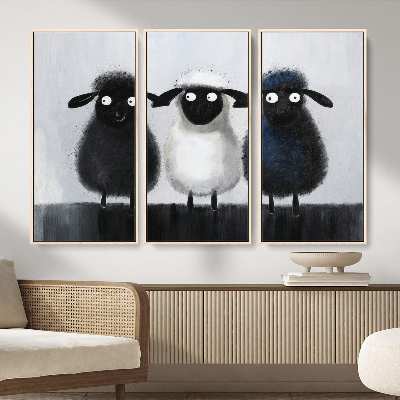 Funny Sheep Canvas Wall Art, Three Quirky Sheep Painting Print, Cute Animal Nursery Decor, Black White Navy Farmhouse Art, Kids Room Gift