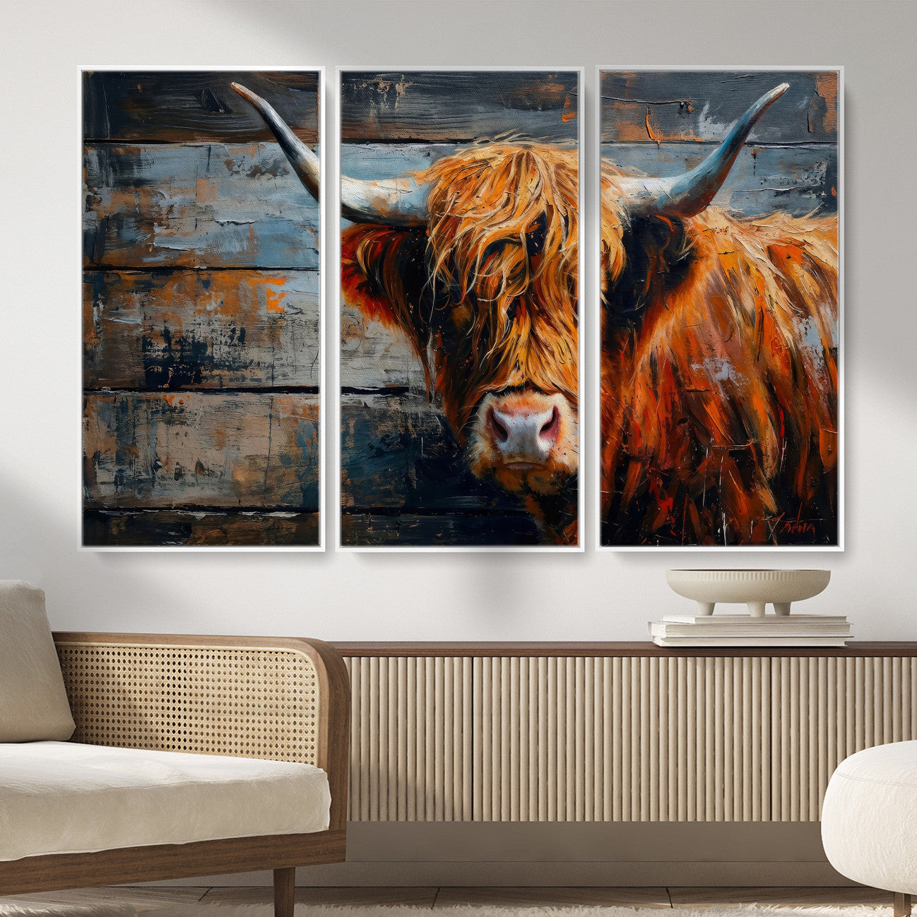 Highland Cow Wall Art Canvas Print, Abstract Rustic Farm