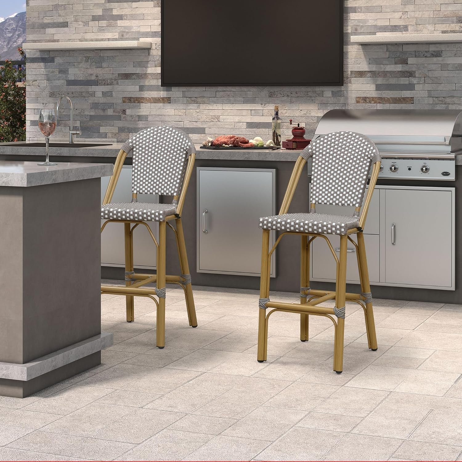 French Style Rattan Bar Stools Set for Outdoor Spaces