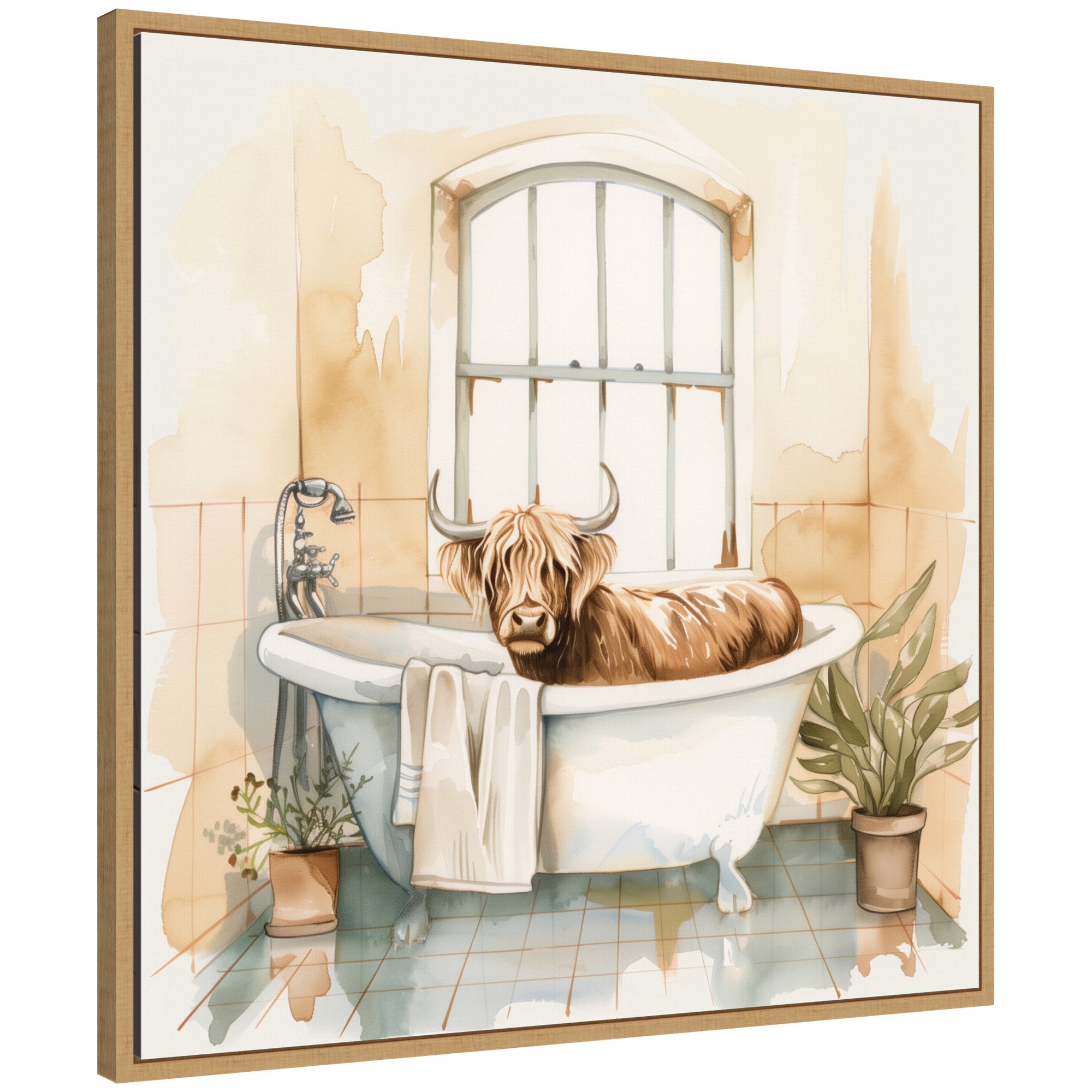 Sylvie Highland Cow Bathroom Watercolor Framed Canvas by The Creative Bunch Studio