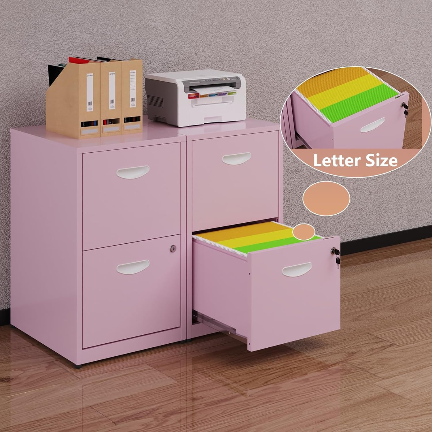 Pink 2 Drawer Locking File Cabinet For Home Office