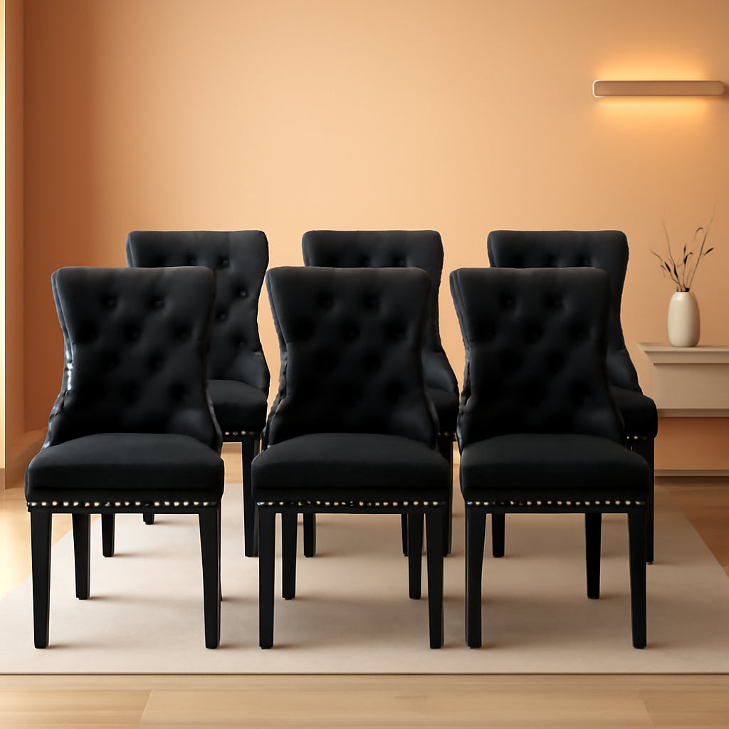 Black Velvet Dining Chair Set Of 6 With High Back Wingback