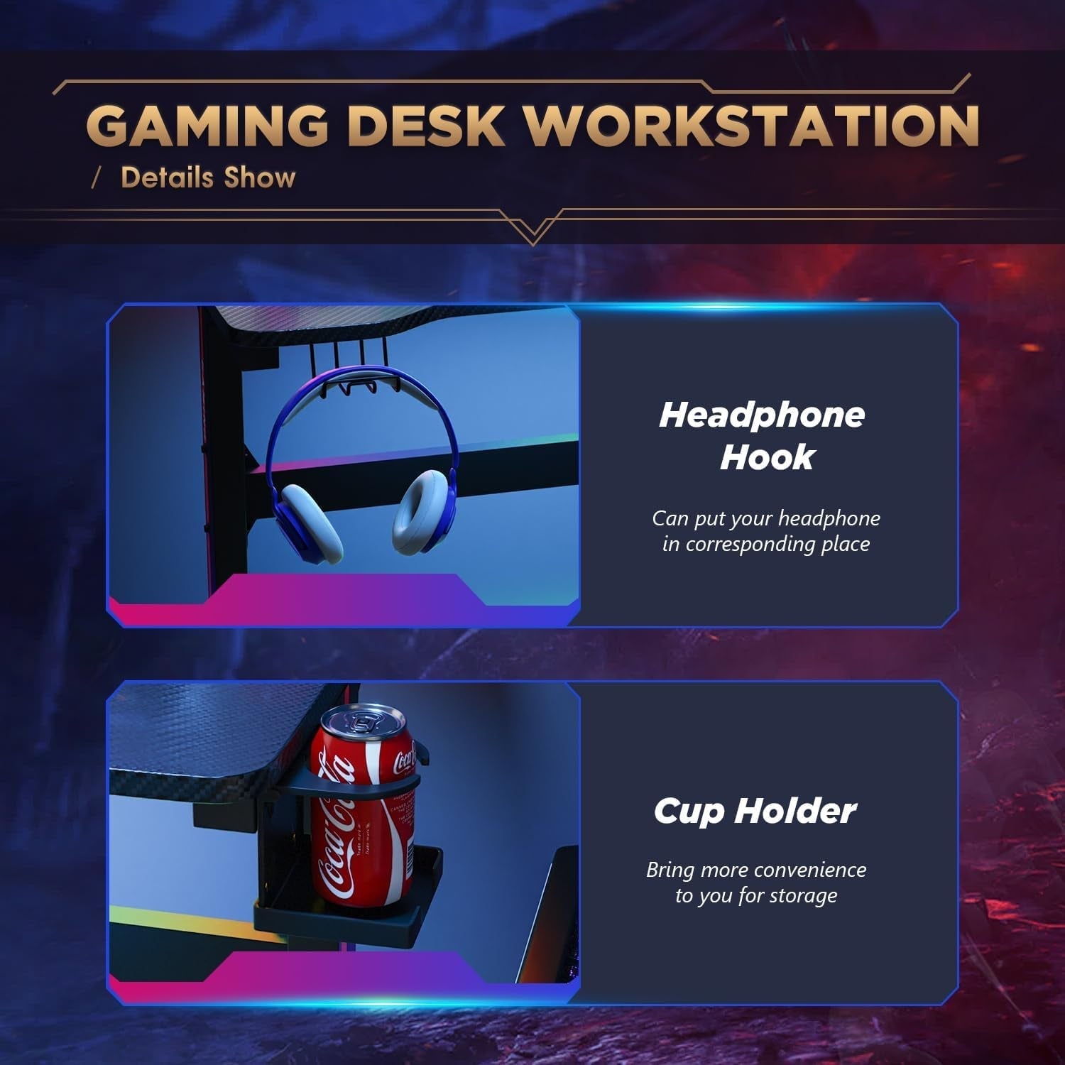 47 Inch T Shaped Gaming Desk With Cup Holder And Headphone Hook
