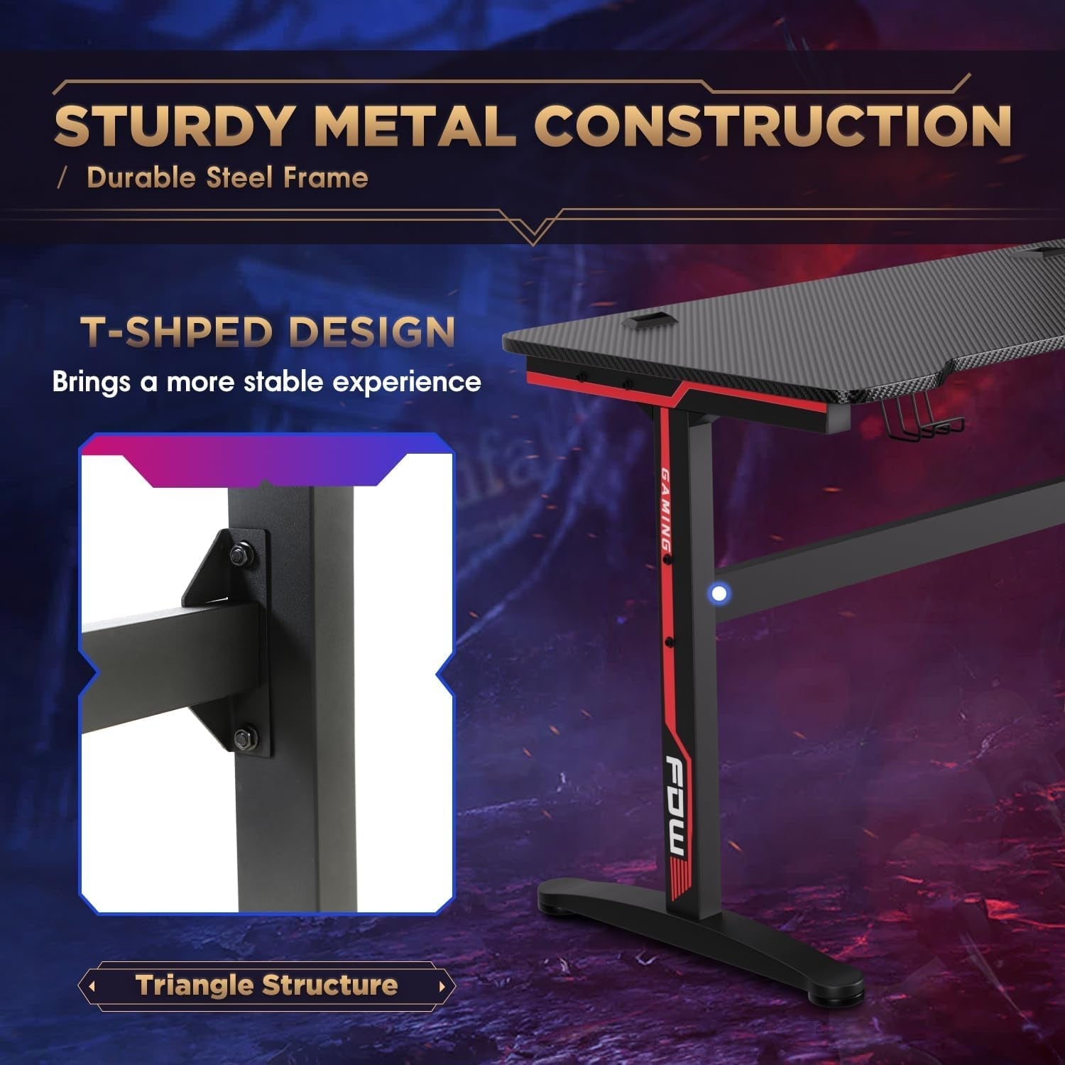 47 Inch T Shaped Gaming Desk With Cup Holder And Headphone Hook