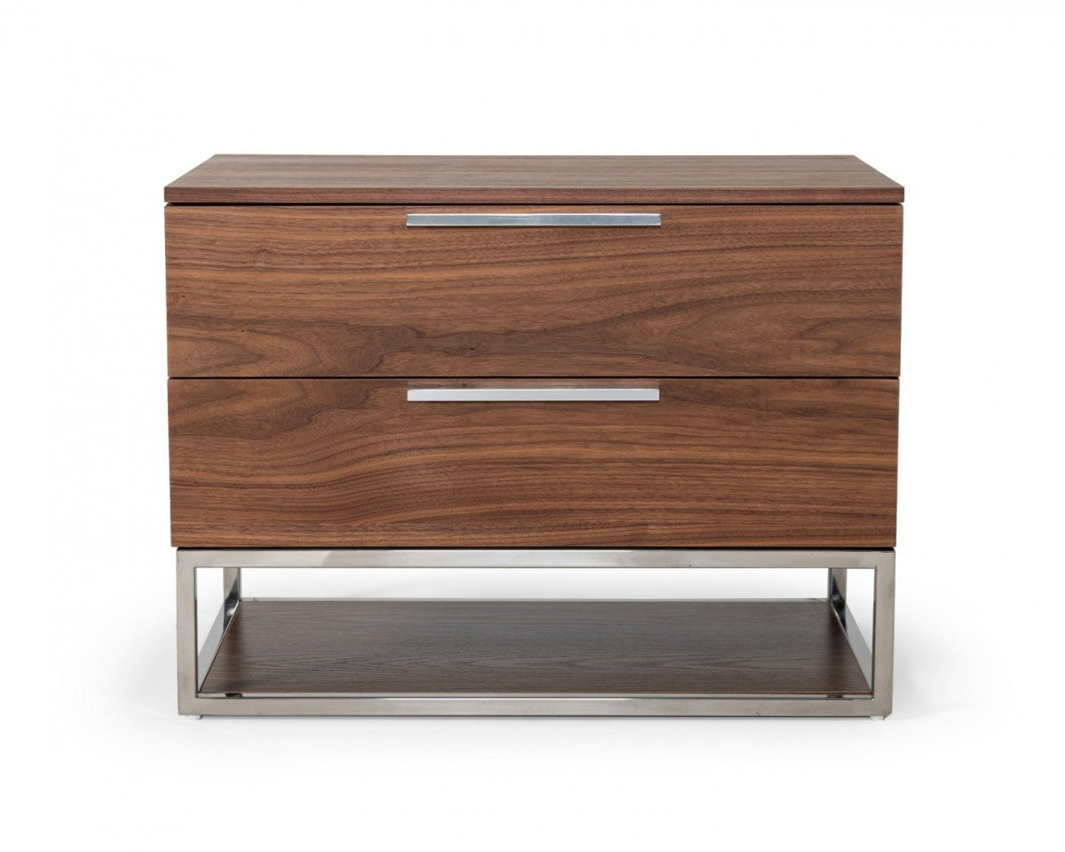 Contemporary Walnut and Stainless Steel Nightstand with Two Drawers-0