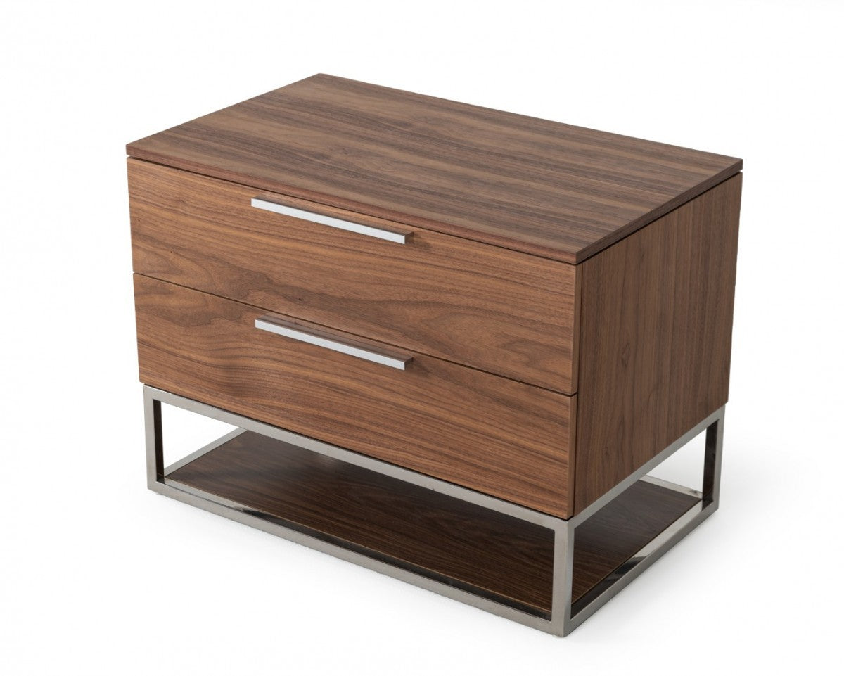 Contemporary Walnut and Stainless Steel Nightstand with Two Drawers-1