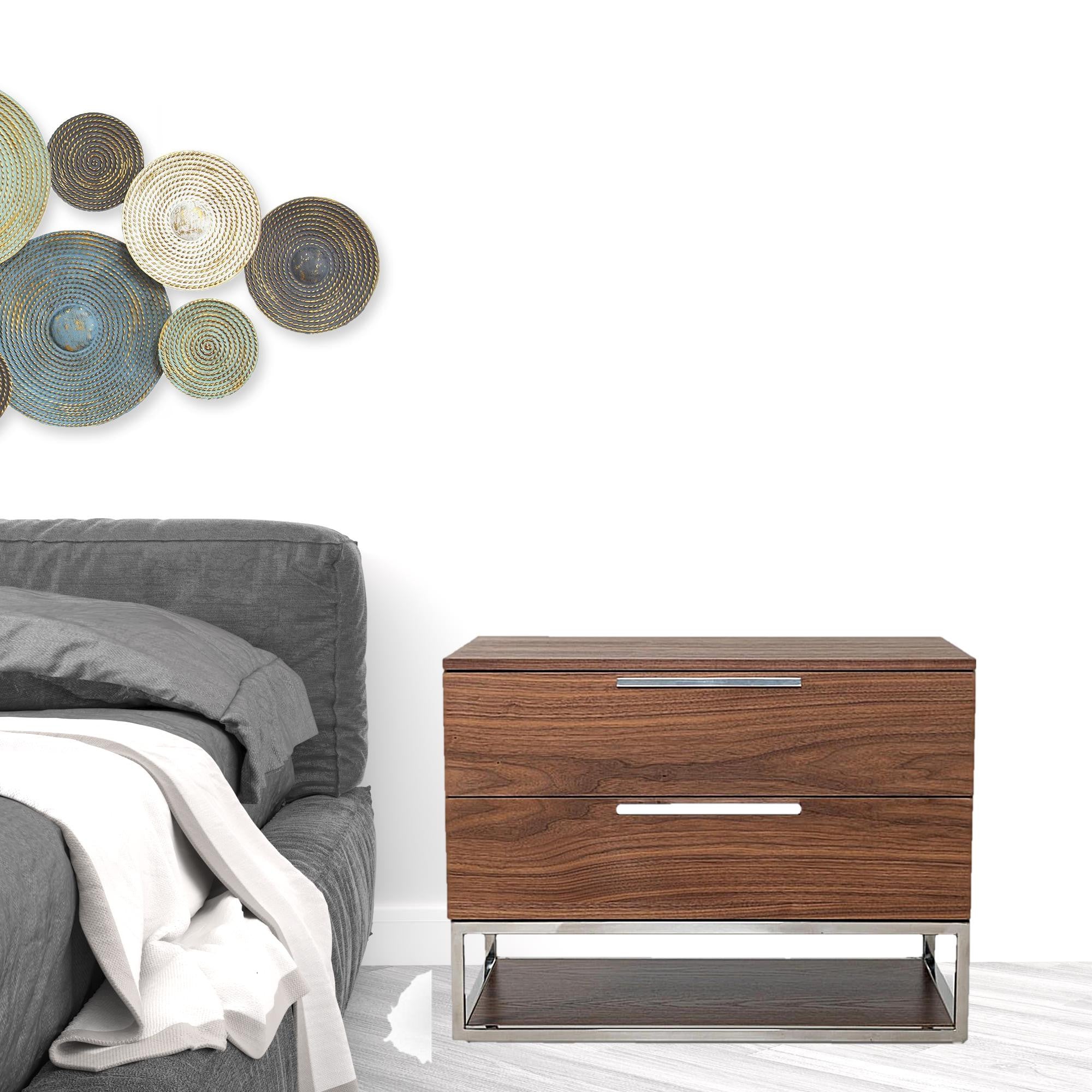 Contemporary Walnut and Stainless Steel Nightstand with Two Drawers-2