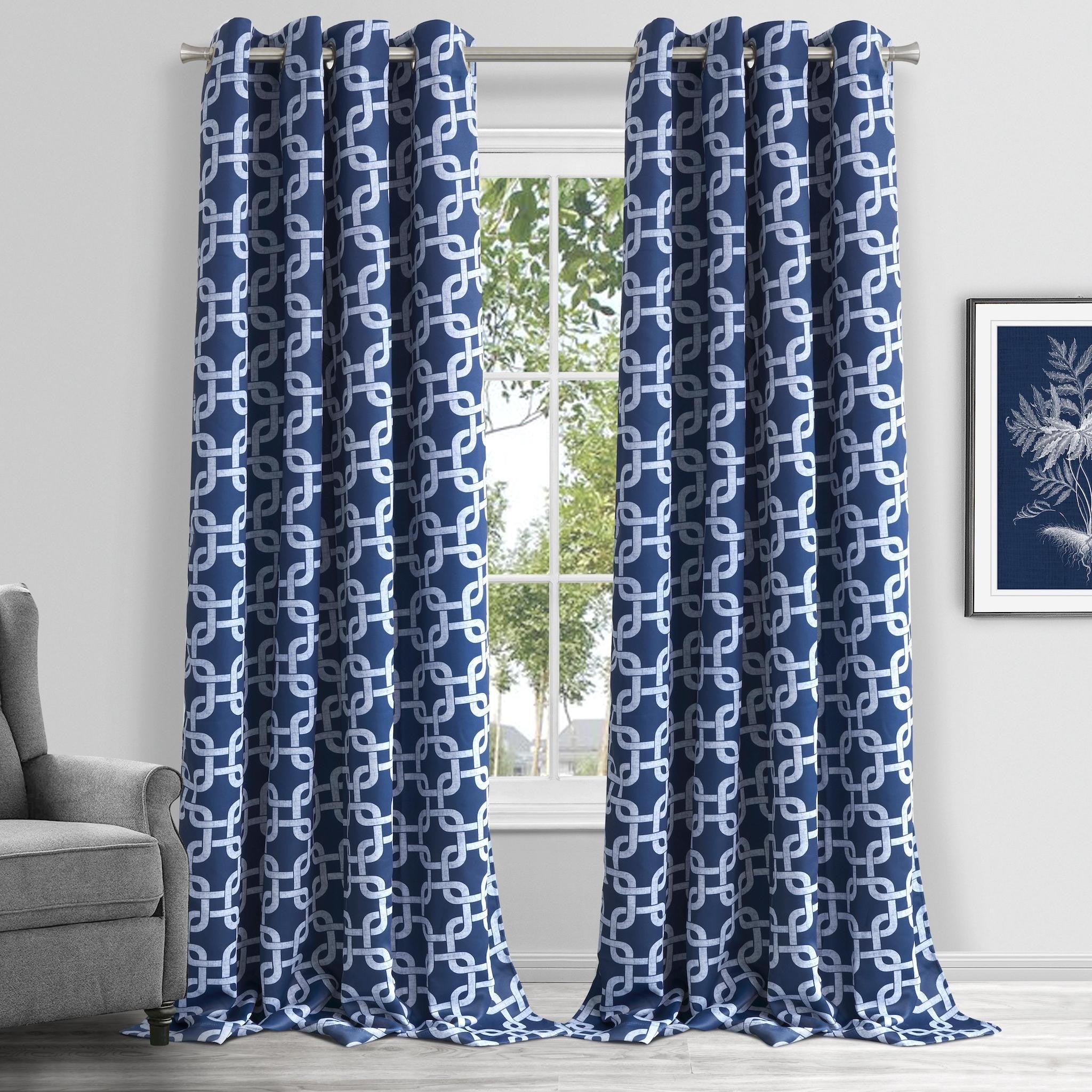 84” Navy Interlock Pattern Window Curtain Panel-3