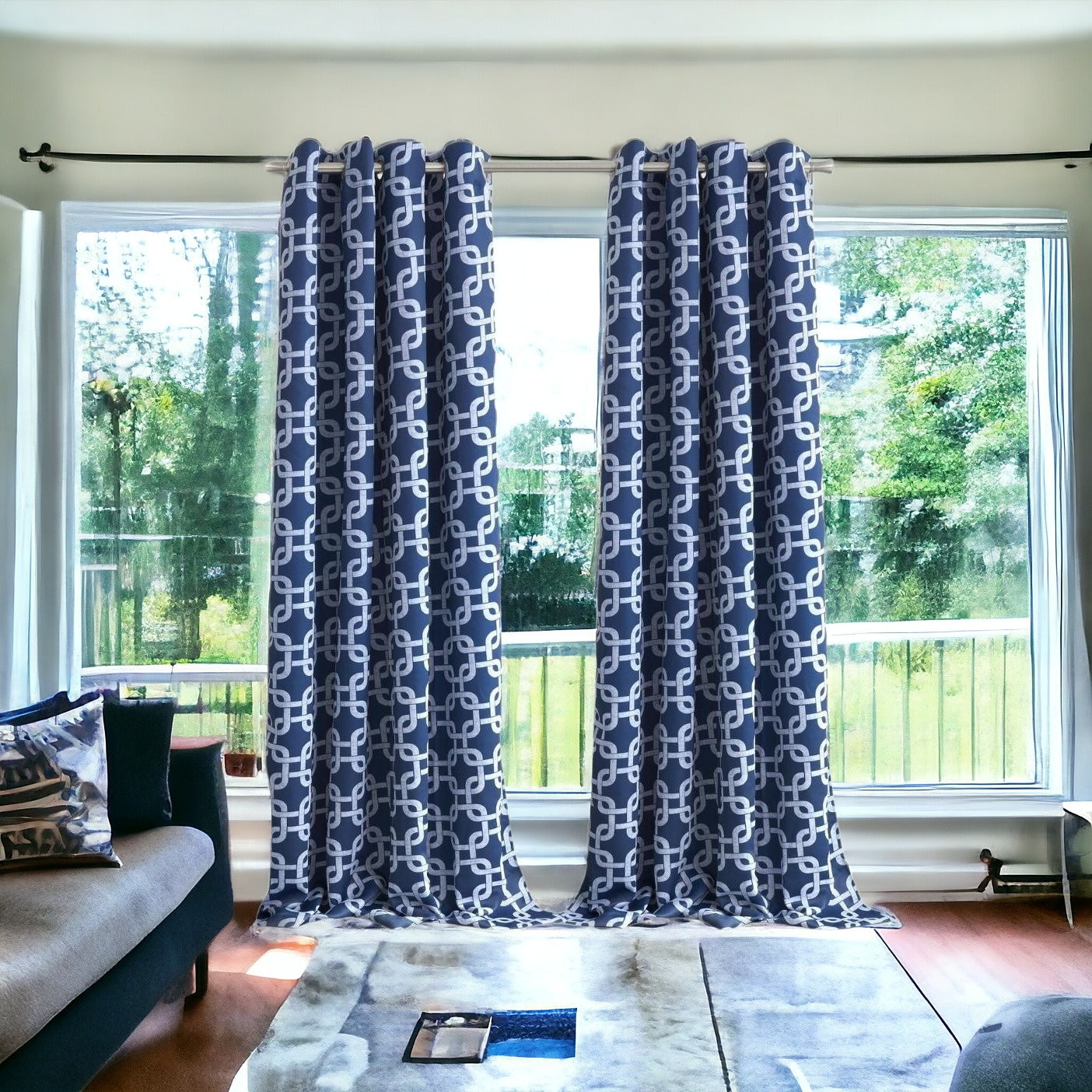 84” Navy Interlock Pattern Window Curtain Panel-0