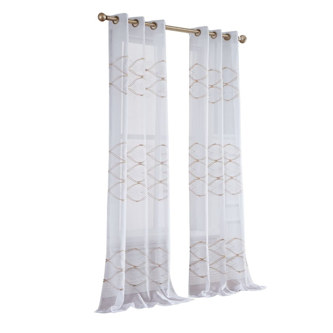 Set of Two 96" Gold and White SemiSheer Curtains-1