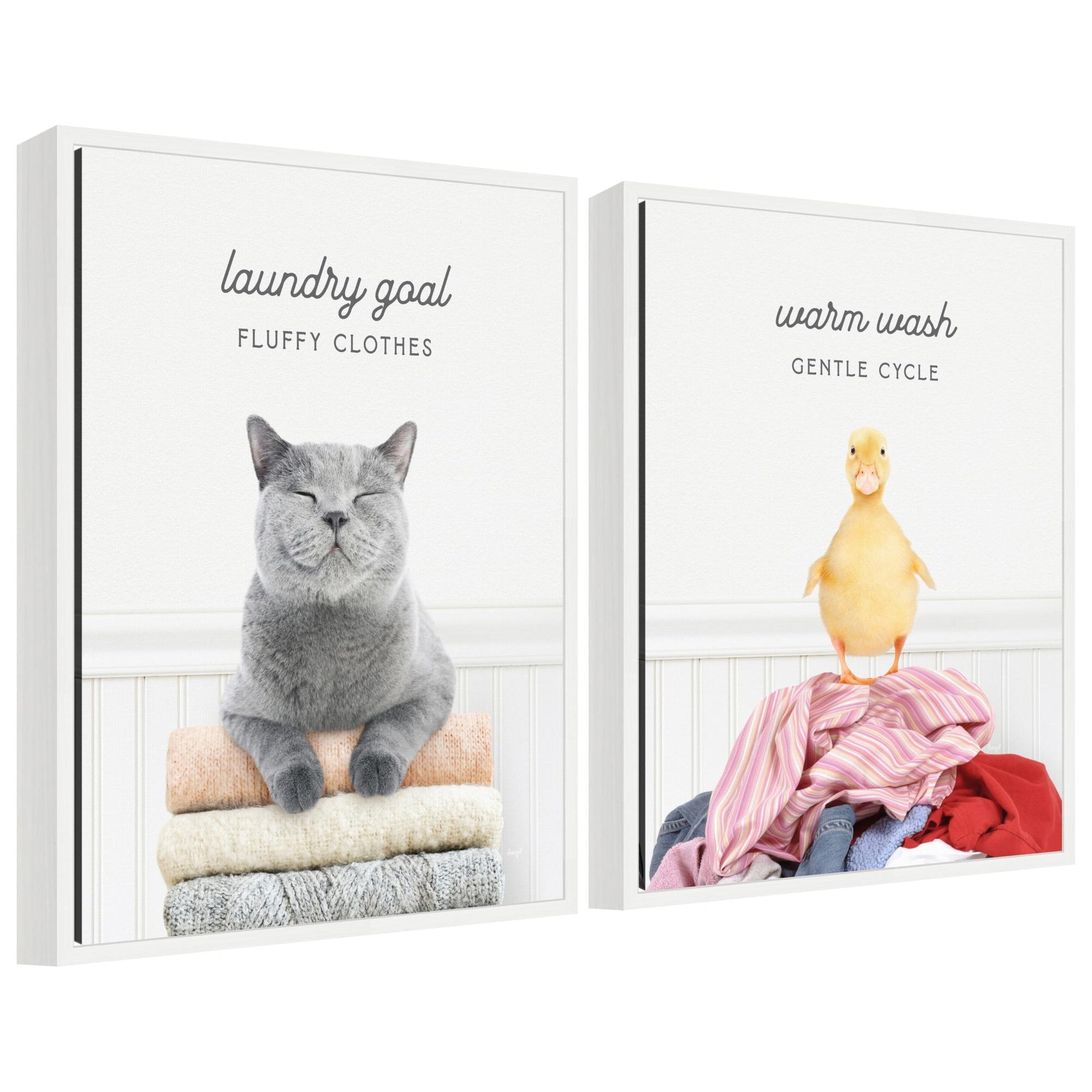 Sylvie Cat Laundry Goals and Ducky Gentle Cycle Framed Canvas Art Set by Amy Peterson