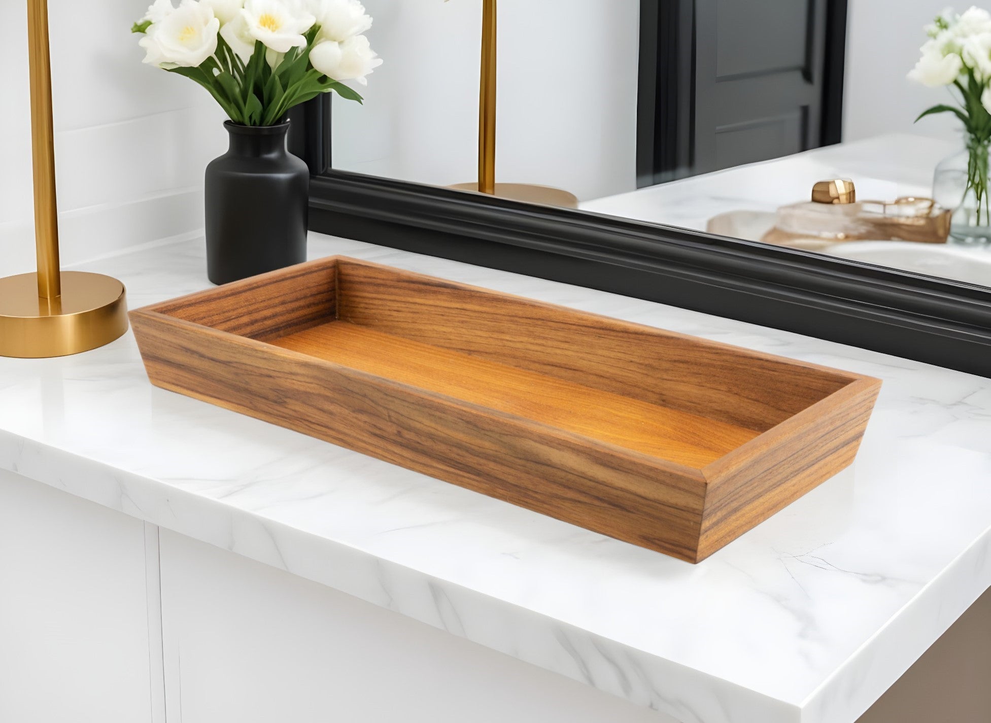 15" Brown Maple Solid Teak Vanity Tray-1