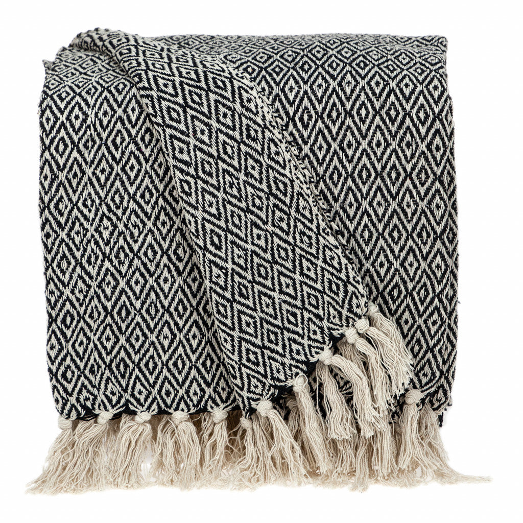 Boho Black and Beige Woven Diamond Pattern Throw with Tassels-0