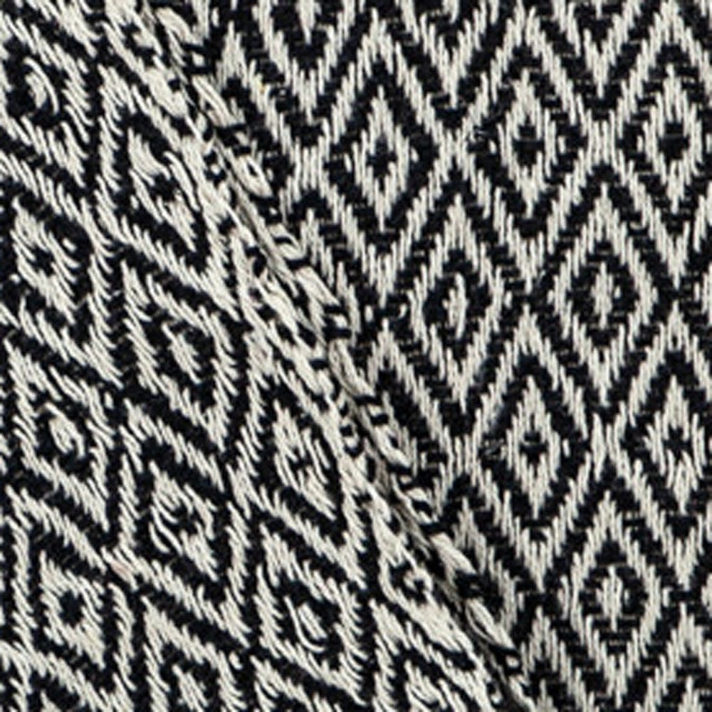 Boho Black and Beige Woven Diamond Pattern Throw with Tassels-5