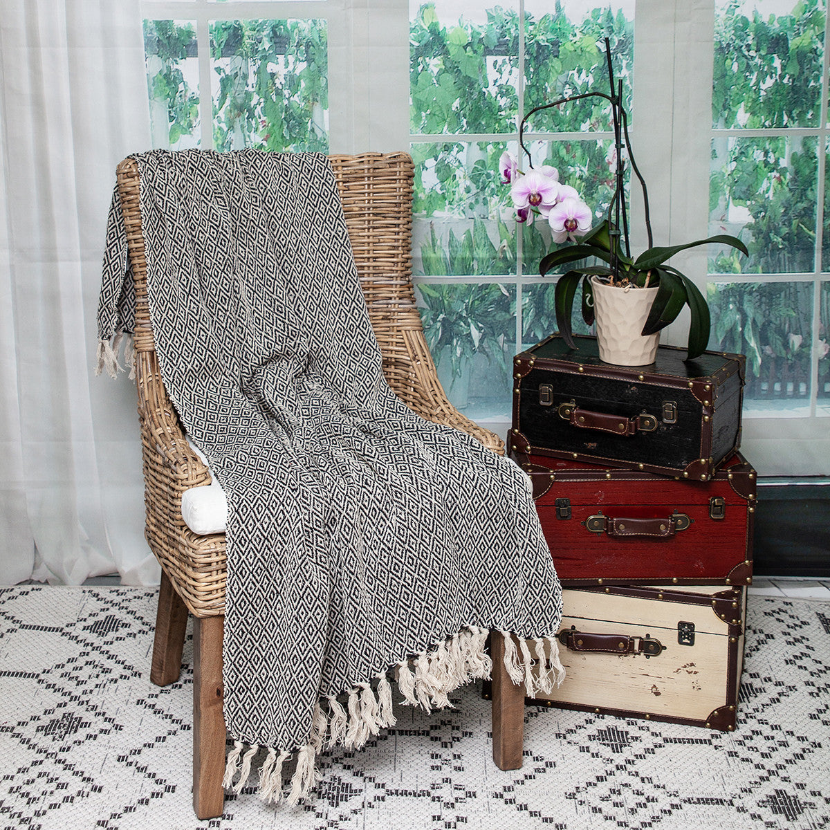 Boho Black and Beige Woven Diamond Pattern Throw with Tassels-6