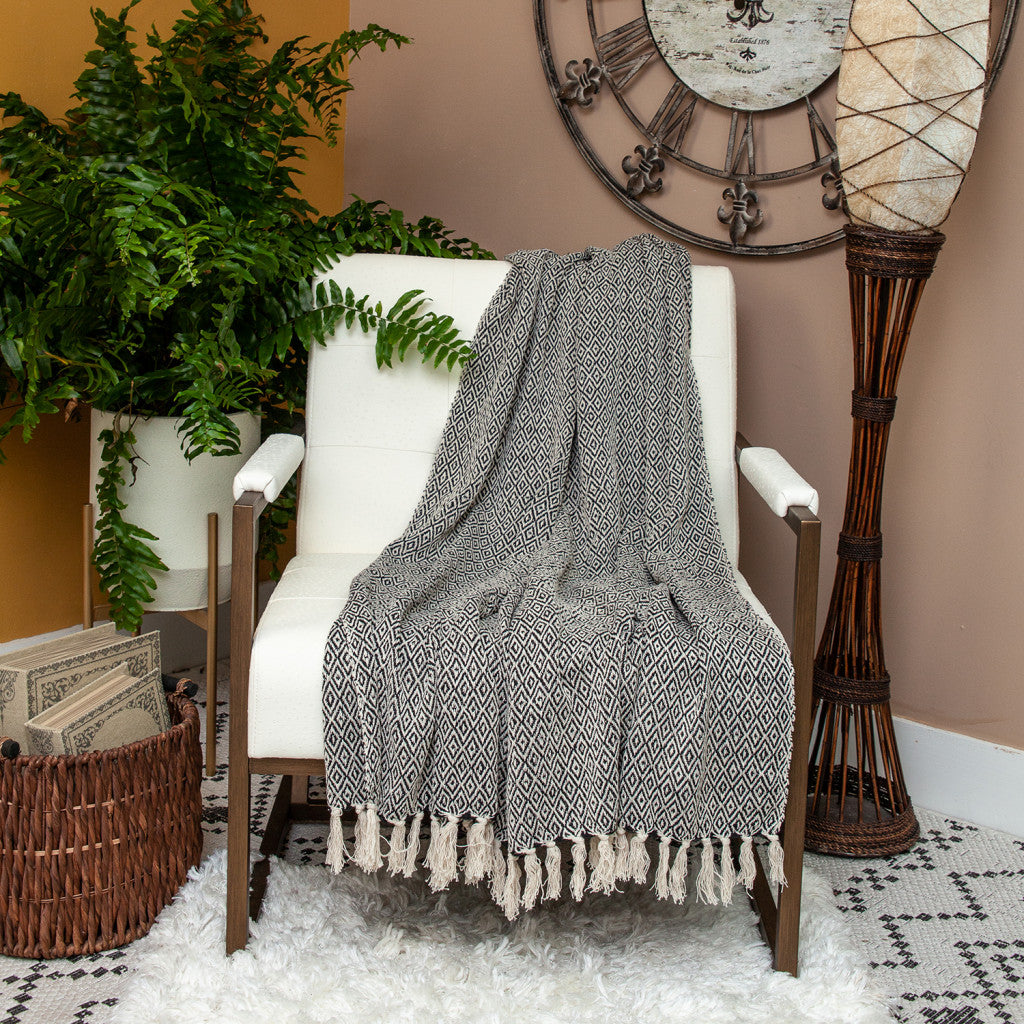 Boho Black and Beige Woven Diamond Pattern Throw with Tassels-7