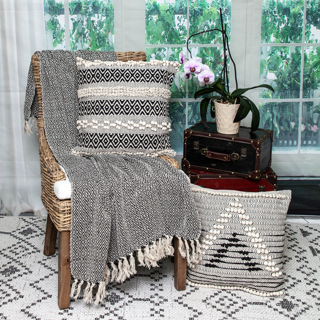 Boho Black and Beige Woven Diamond Pattern Throw with Tassels-8