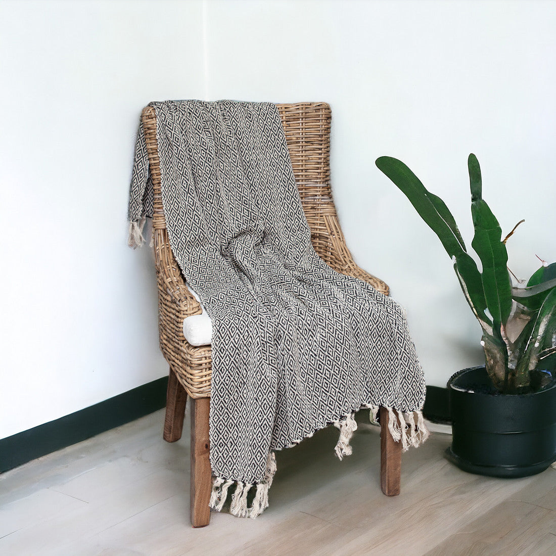 Boho Black and Beige Woven Diamond Pattern Throw with Tassels-1