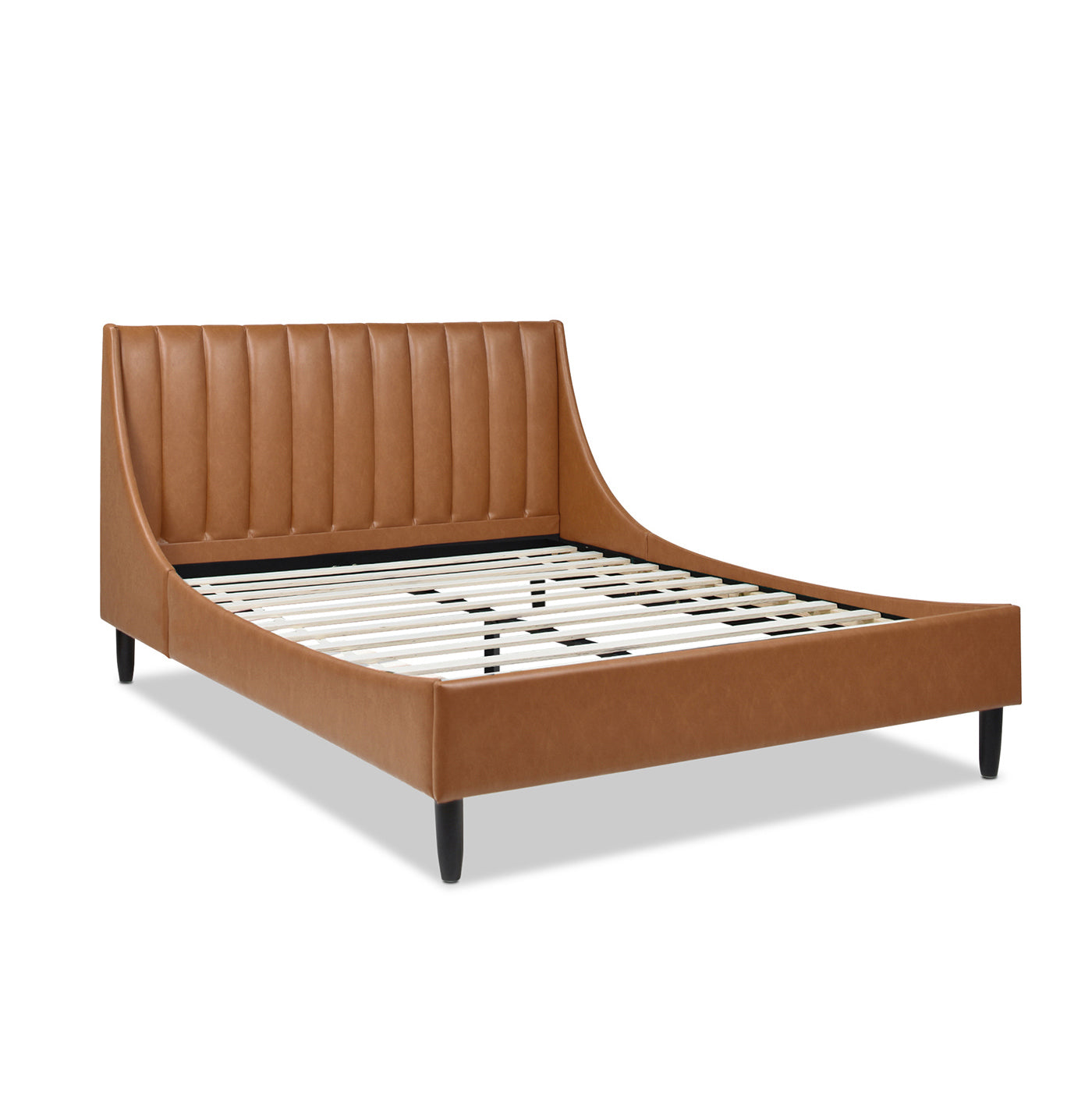 Aspen Vertical Tufted Modern Headboard Platform Bed Set, Queen, Caramel Tan Brown Faux Leather