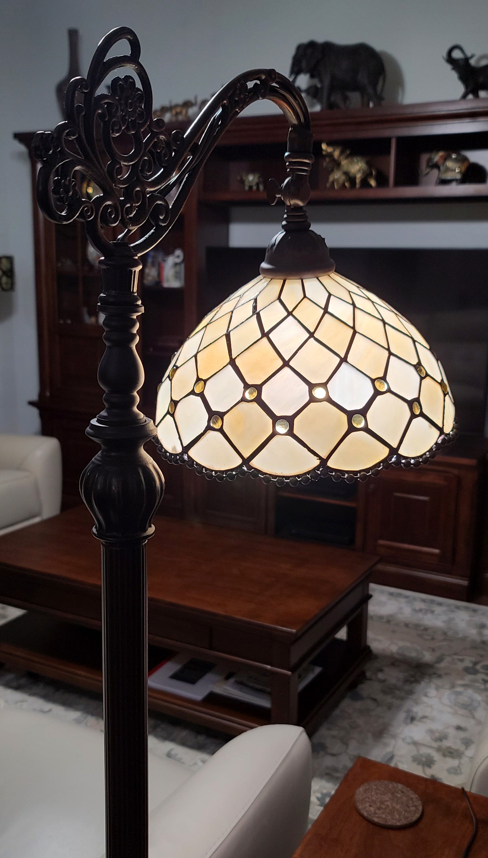 62" Brown Traditional Shaped Floor Lamp With White Stained Glass Bowl Shade-6