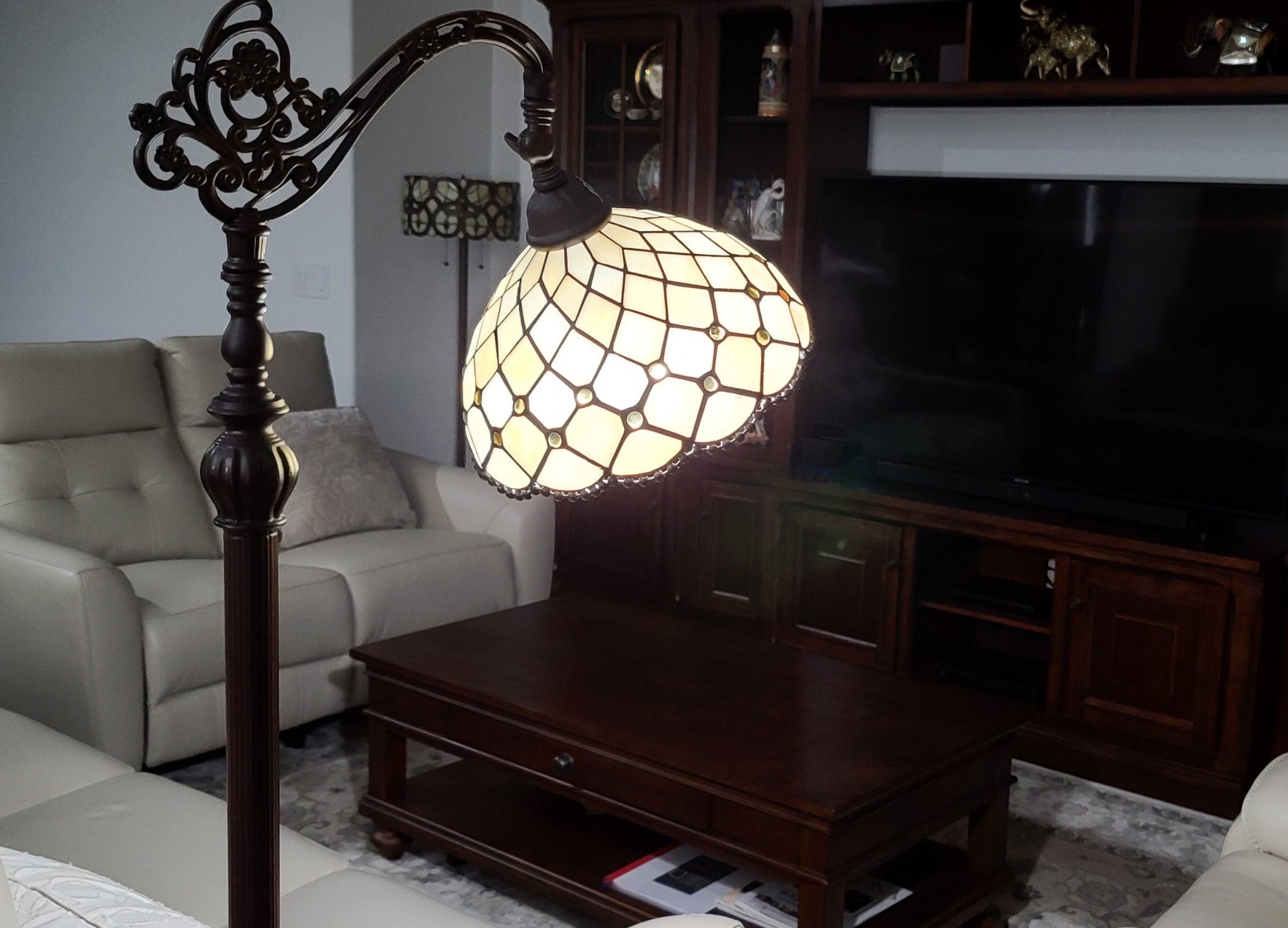 62" Brown Traditional Shaped Floor Lamp With White Stained Glass Bowl Shade-7