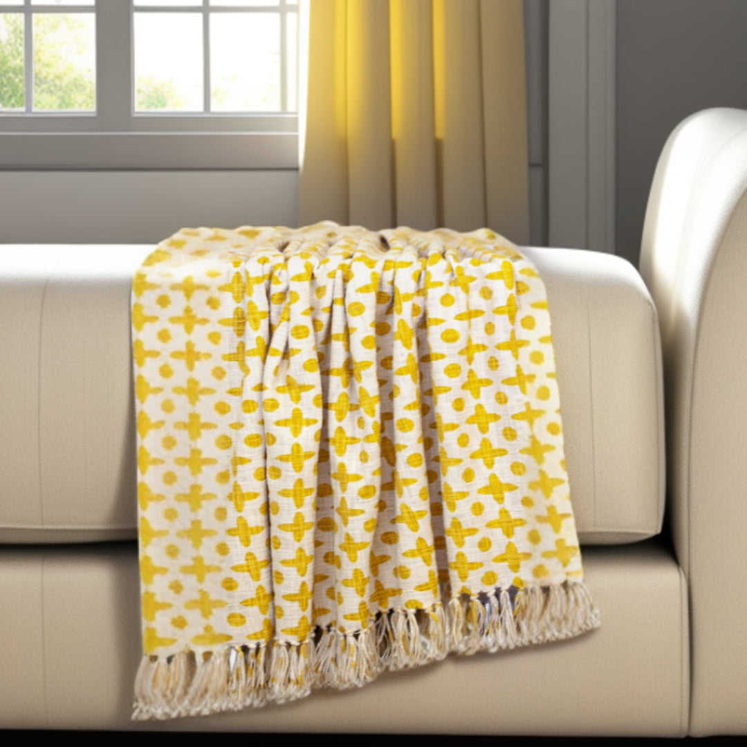 Yellow Woven Cotton Abstract Throw Blanket-1