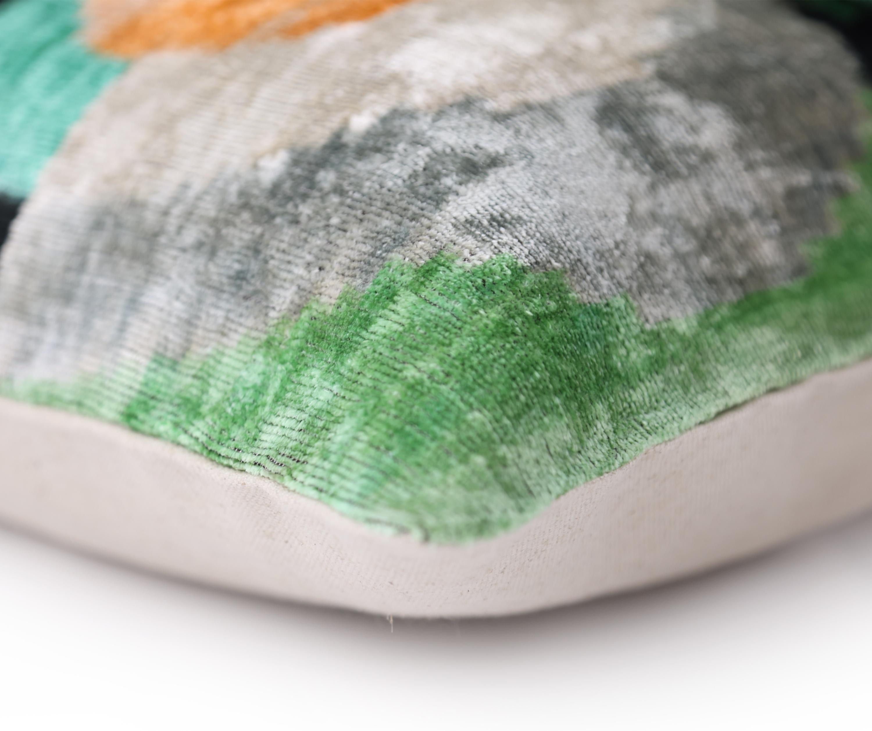 Green Orange Abstract Silk Velvet Lumbar Pillow – 16x24 Handmade Modern Cushion