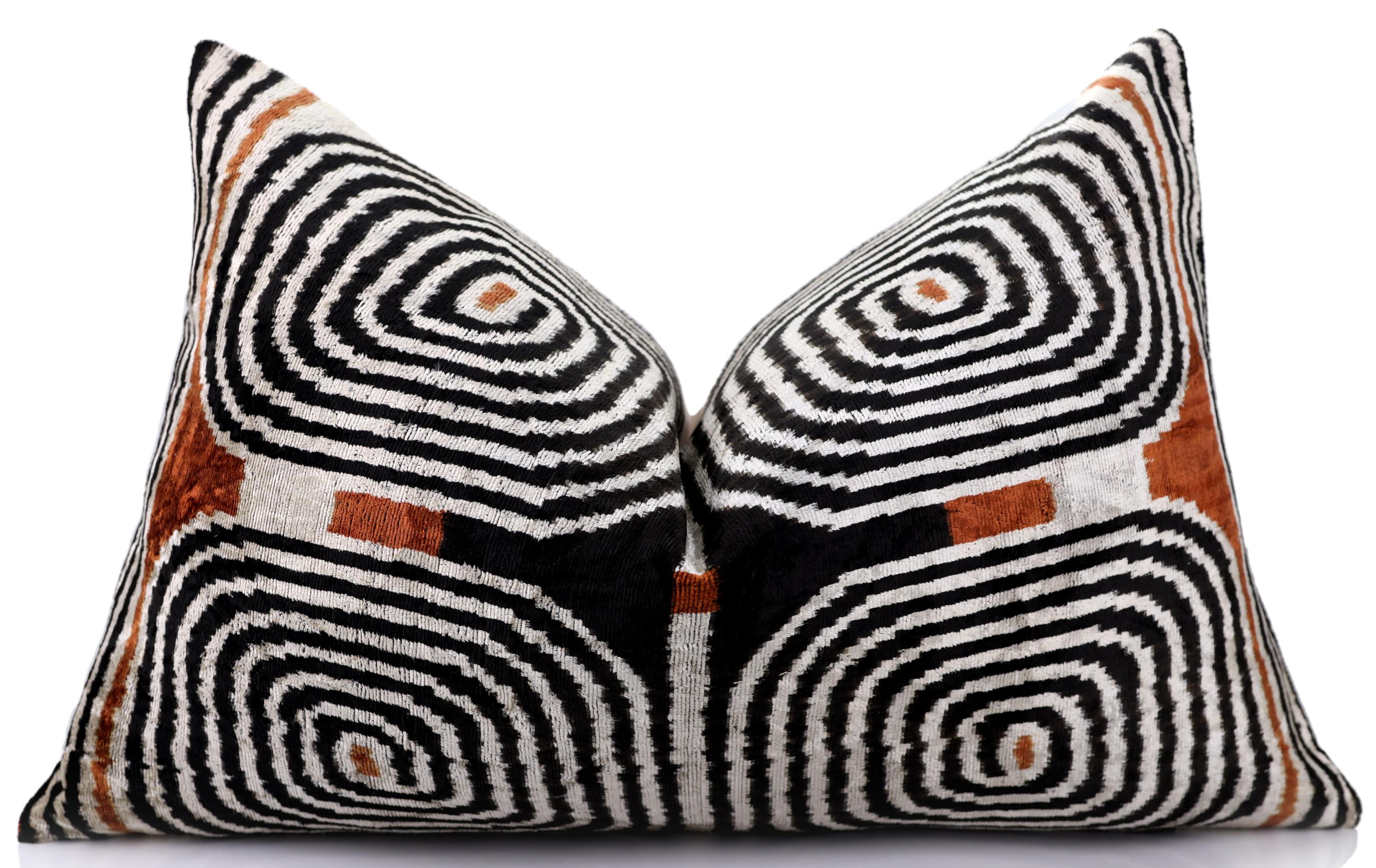 Black Ivory Rust Geometric Silk Velvet Lumbar Pillow – 16x24 Handmade Luxury Cushion