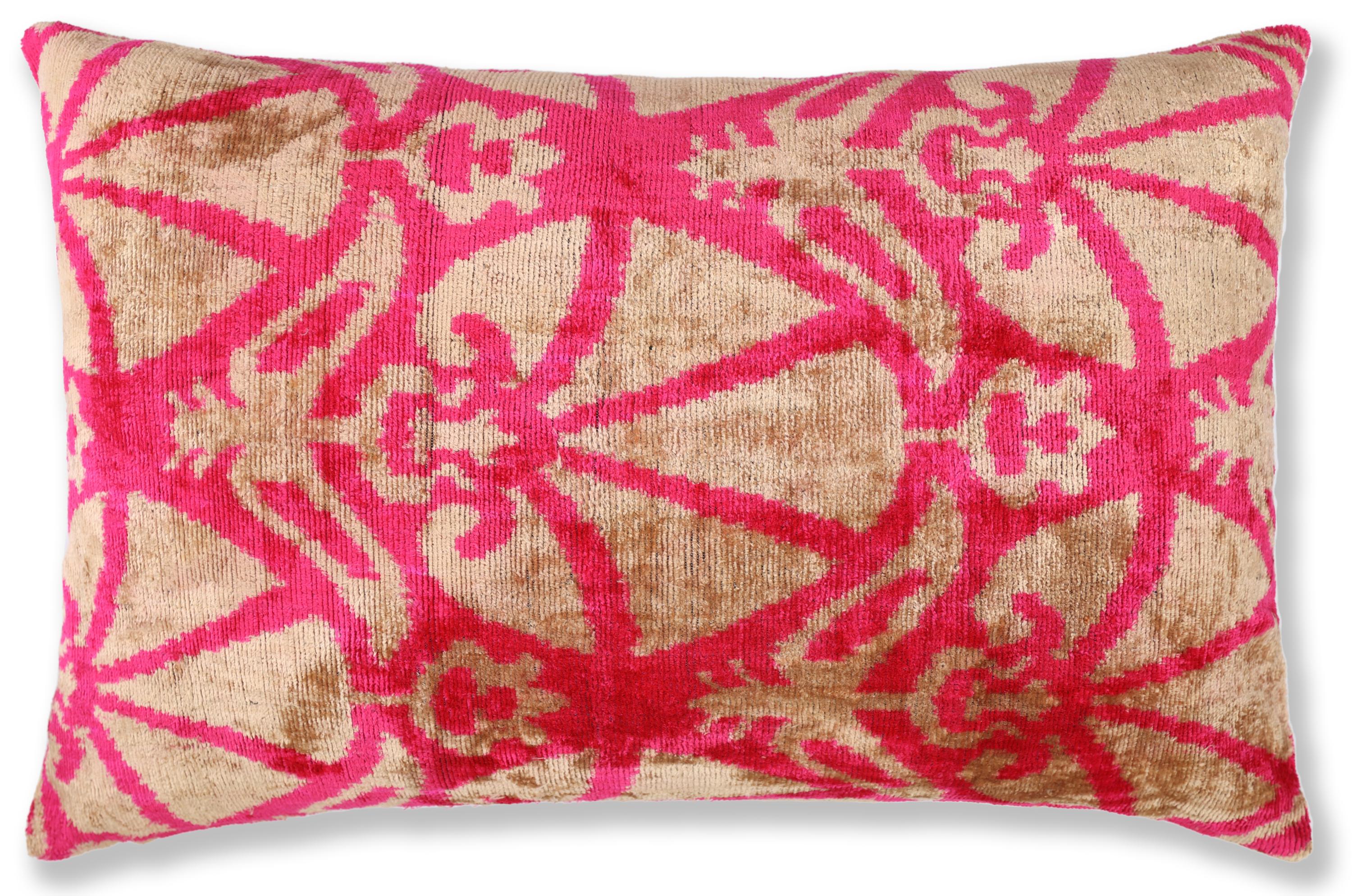 Fuchsia Beige Silk Velvet Lumbar Pillow – 16x24 Handmade Ikat Luxury Cushion