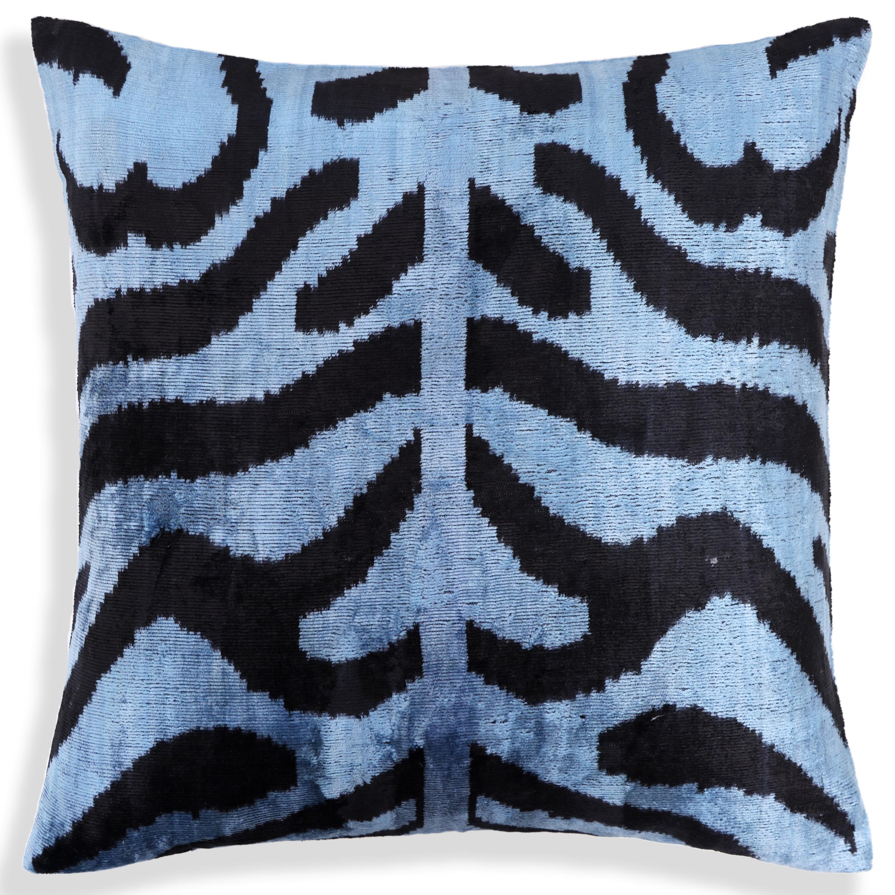 Blue Black Zebra Silk Velvet Pillow – 16x16 Handmade Ikat Cushion