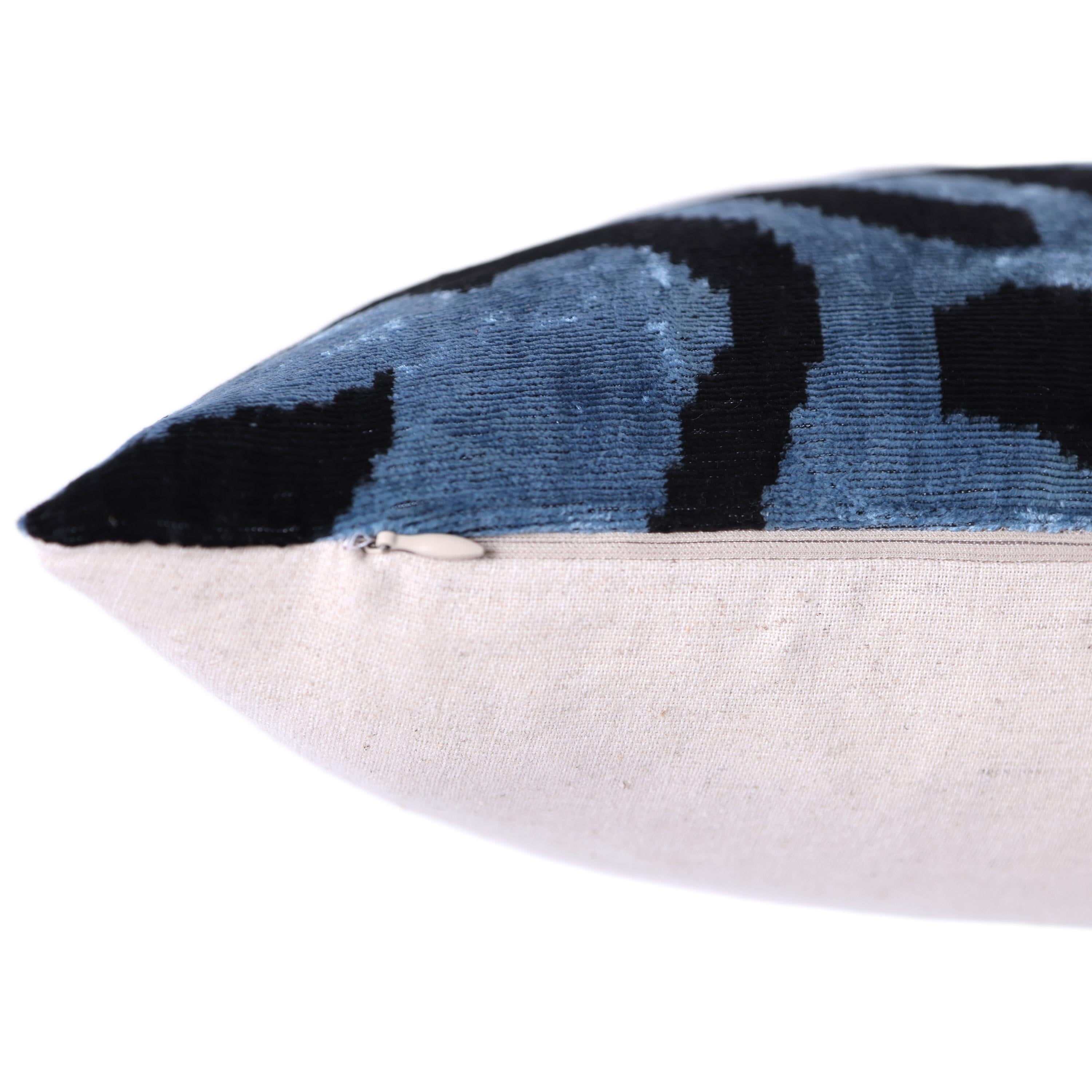Blue Black Zebra Silk Velvet Pillow – 16x16 Handmade Ikat Cushion