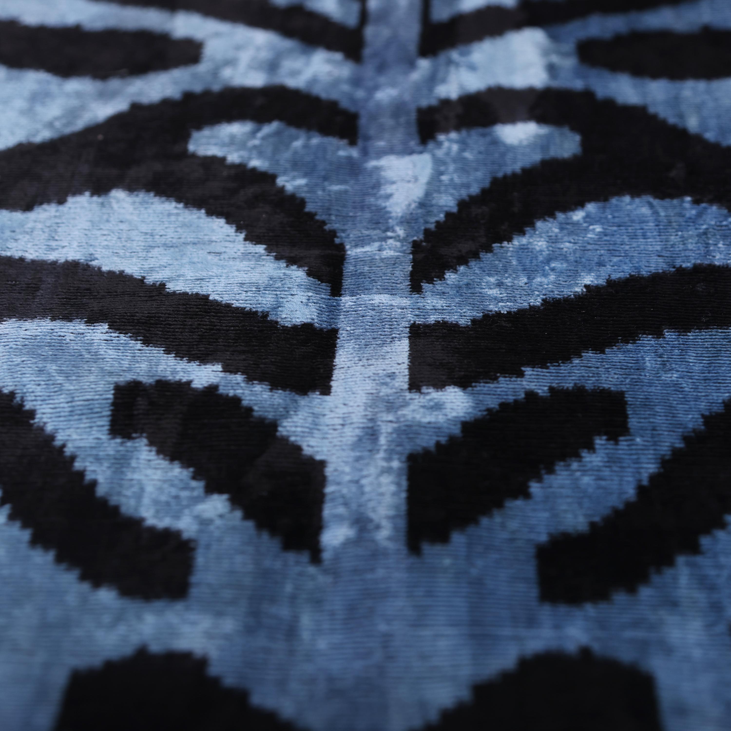 Blue Black Zebra Silk Velvet Pillow – 16x16 Handmade Ikat Cushion