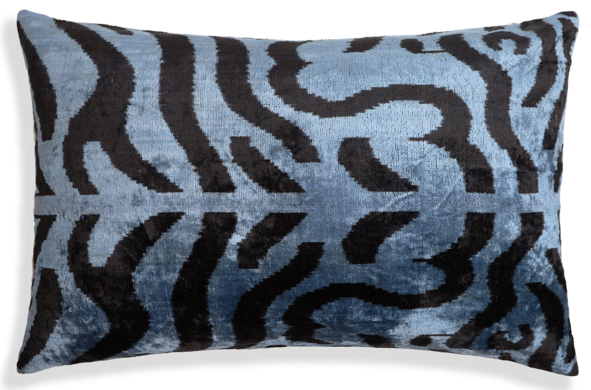 Blue Black Abstract Silk Velvet Lumbar Pillow – 16x24 Handmade Modern Cushion