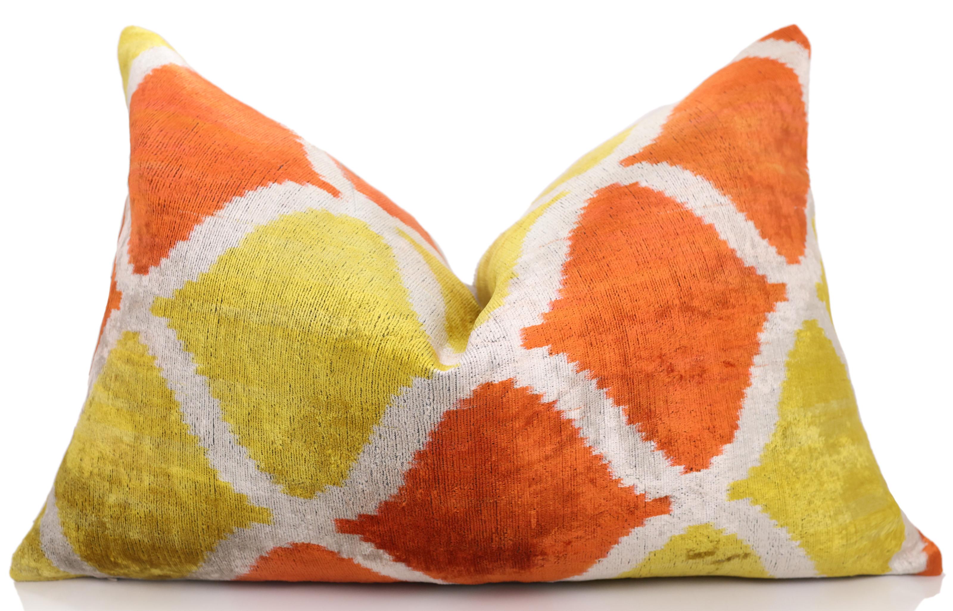 Orange Yellow Silk Velvet Lumbar Pillow – 16x24 Handmade Ikat Luxury Cushion