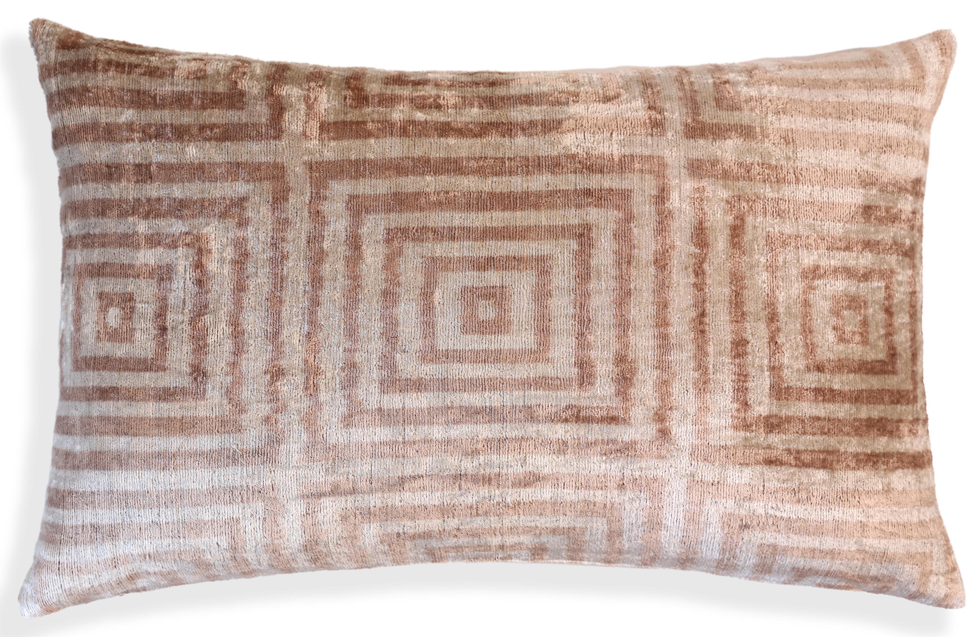 Beige Geometric Silk Velvet Pillow 16x24 Handmade Luxury Cushion