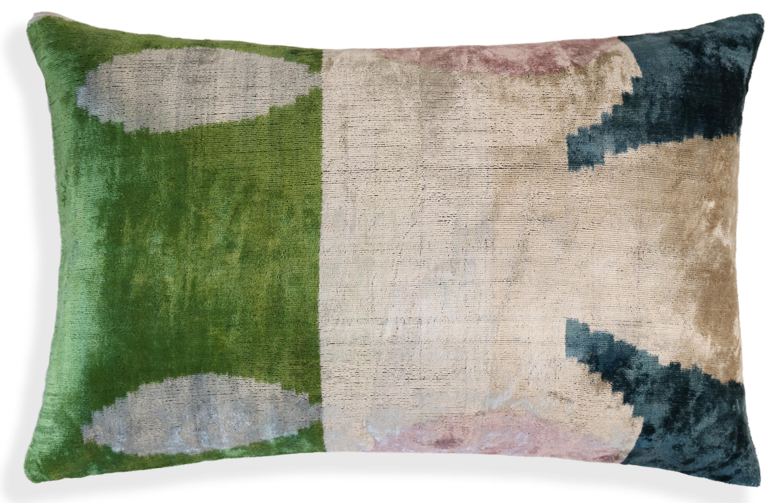 Green and Beige Abstract Silk Velvet Pillow 16x24 Handmade Luxury Cushion