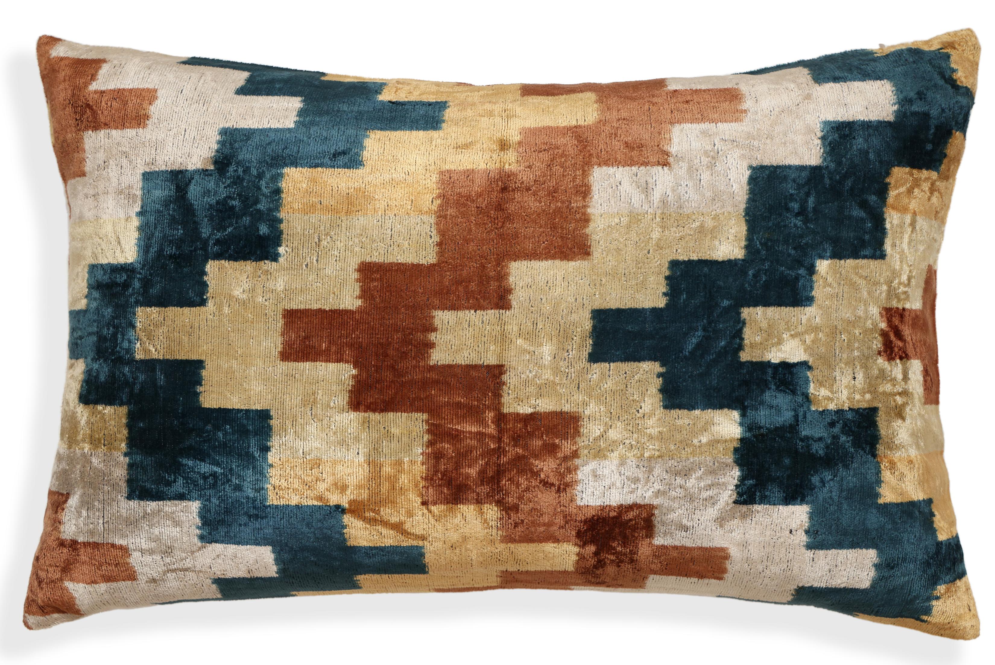 Geometric Rust and Teal Silk Velvet Pillow 16x24 Handmade Luxury Lumbar Cushion