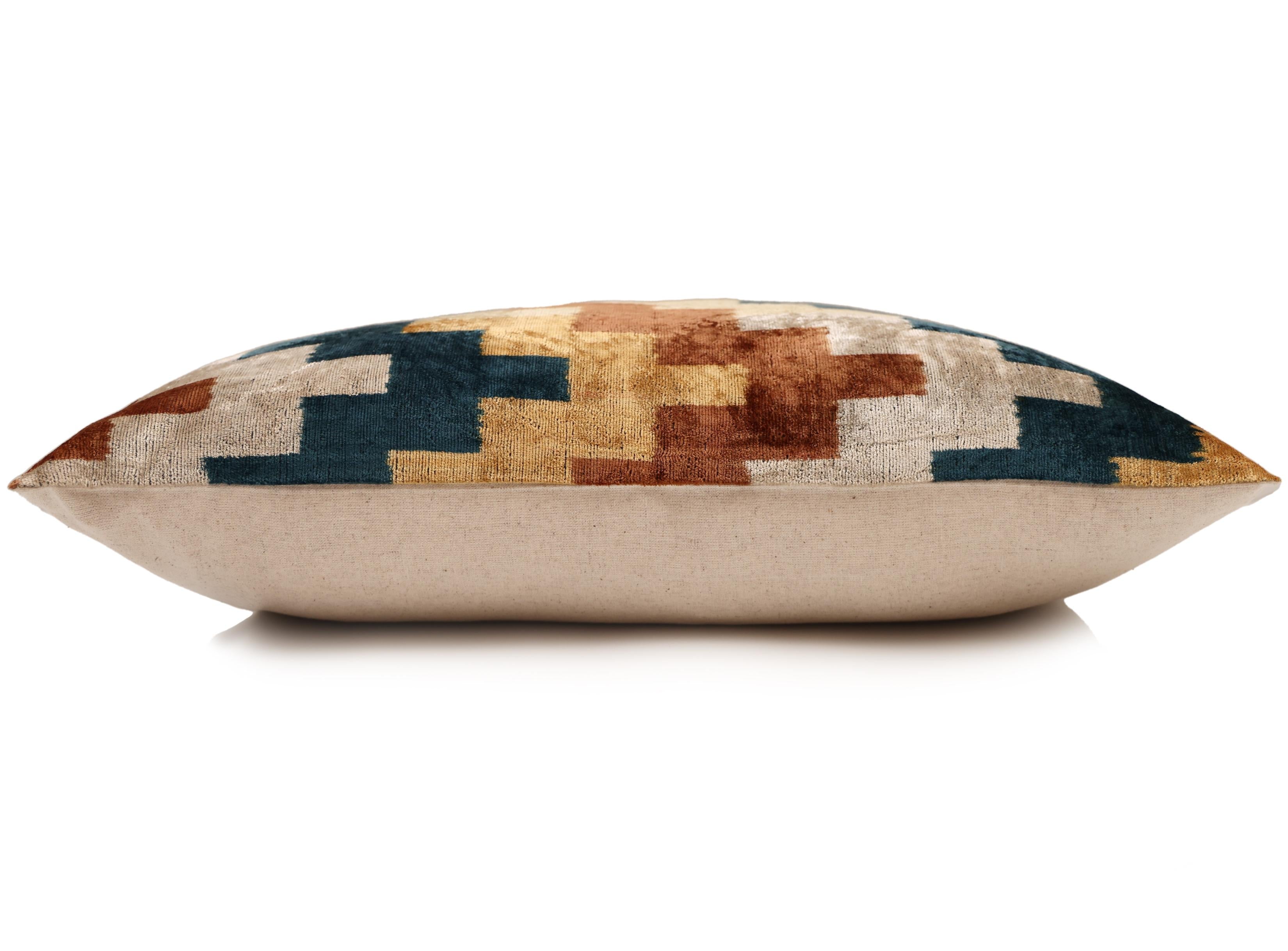 Geometric Rust and Teal Silk Velvet Pillow 16x24 Handmade Luxury Lumbar Cushion