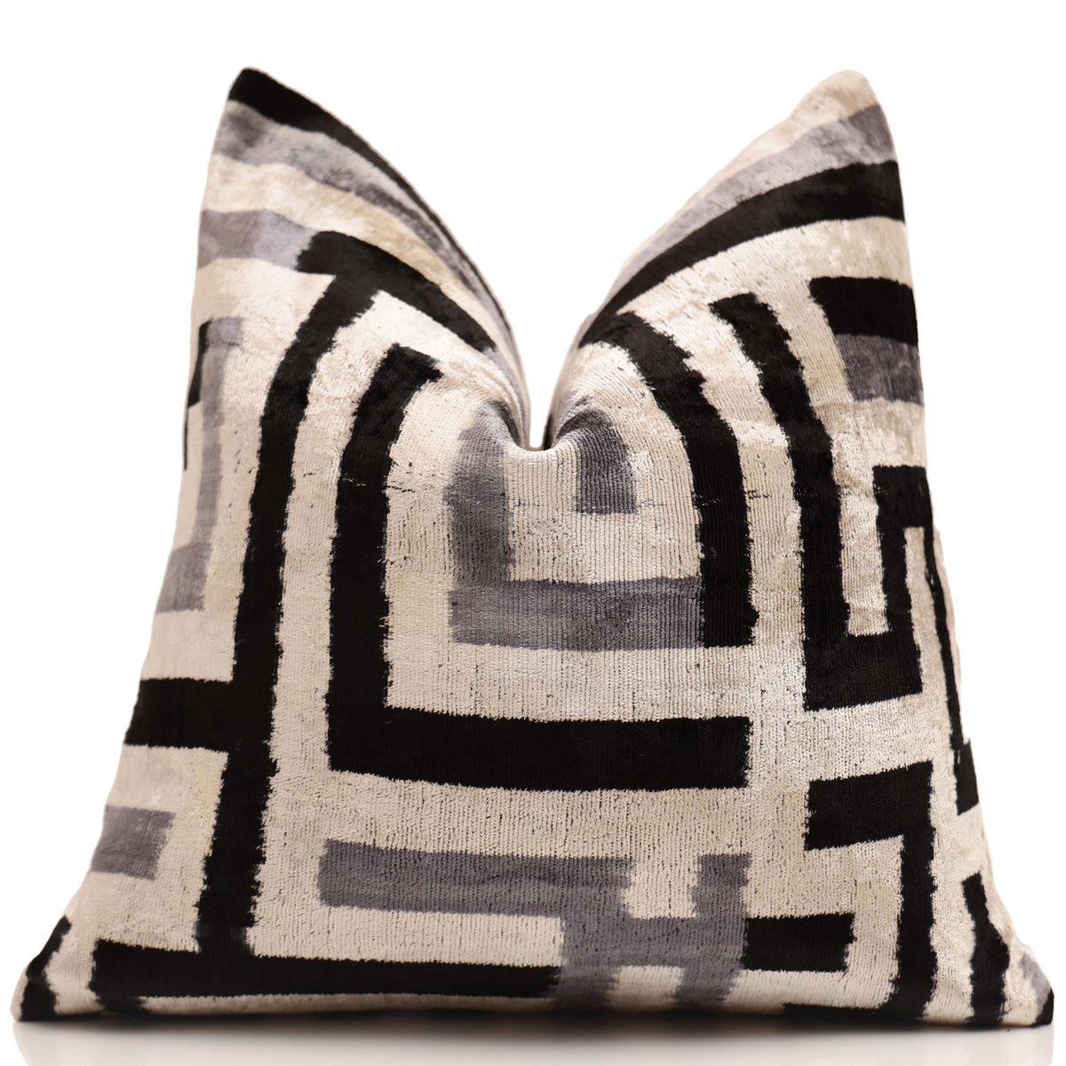 Black & Silver Maze Silk Velvet Pillow 16x16 Handmade Luxury Cushion