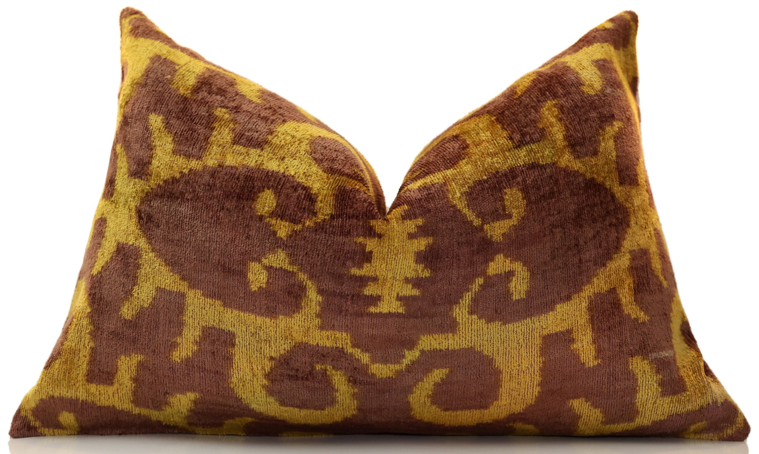 Hand-Knotted Ochre & Mahogany Ikat Lumbar Pillow - 16x24 Organic Dyed