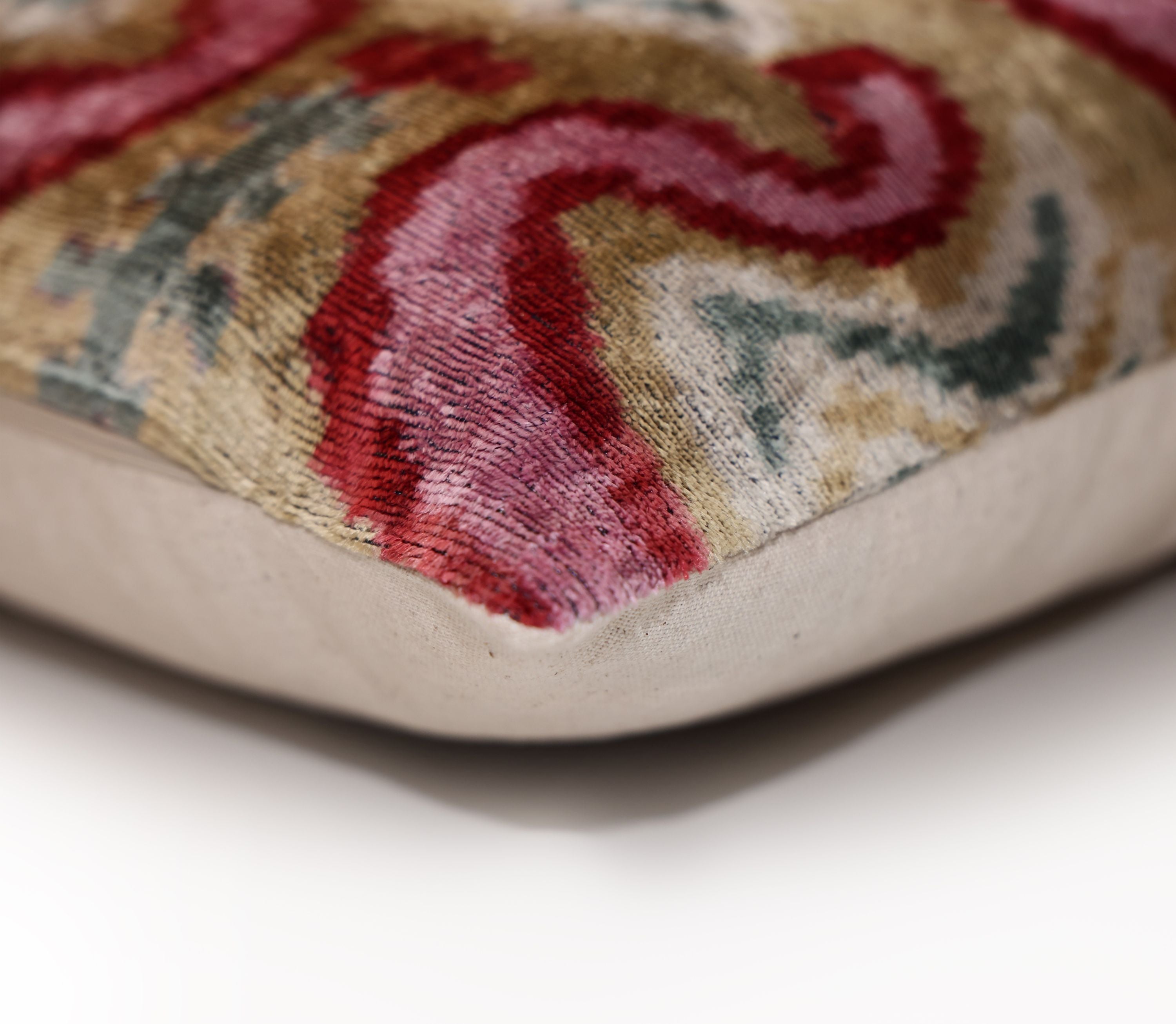 Hand-Knotted Scroll Ikat Silk Velvet Pillow - 20x20 Sand & Raspberry