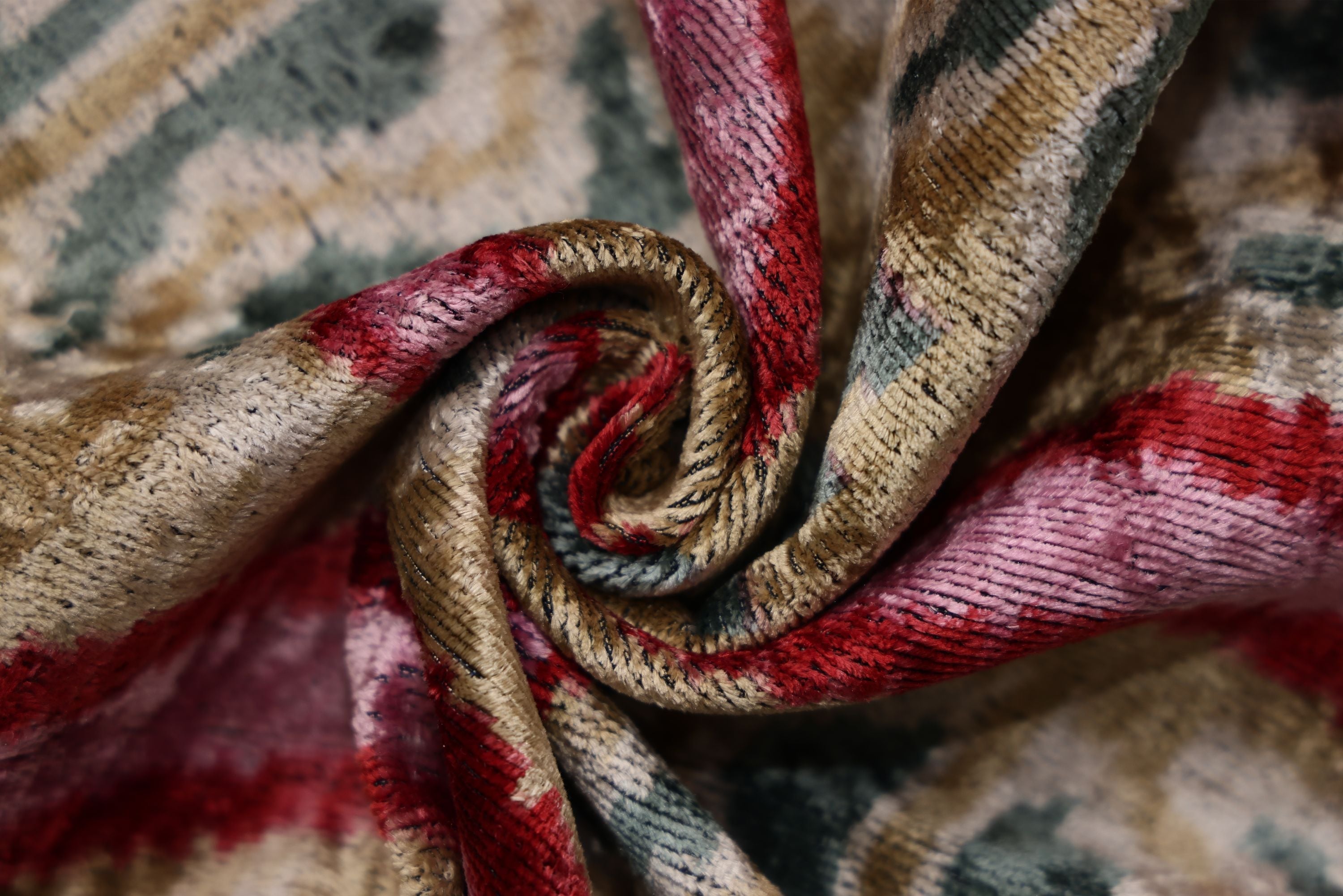 Hand-Knotted Scroll Ikat Silk Velvet Pillow - 20x20 Sand & Raspberry