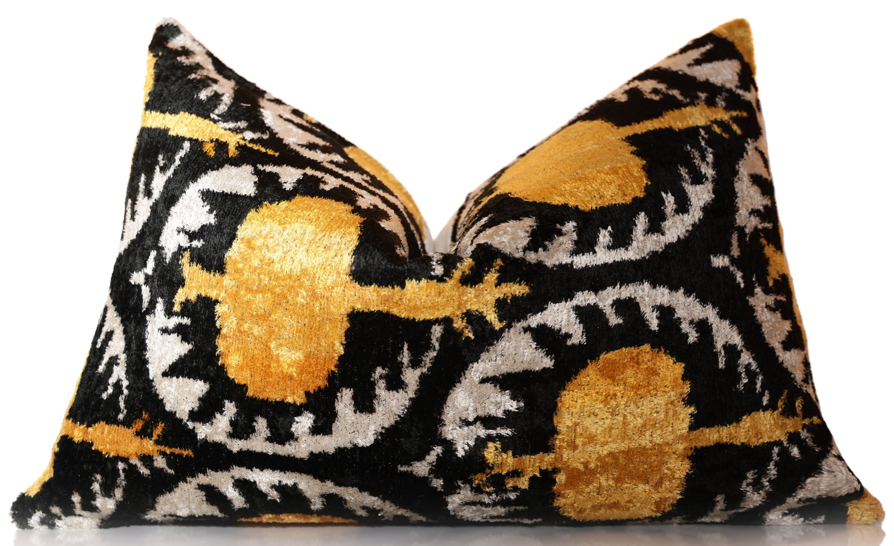 Luxury Black and Gold Silk Velvet Ikat Lumbar Pillow 16x24 Inch with Down Insert