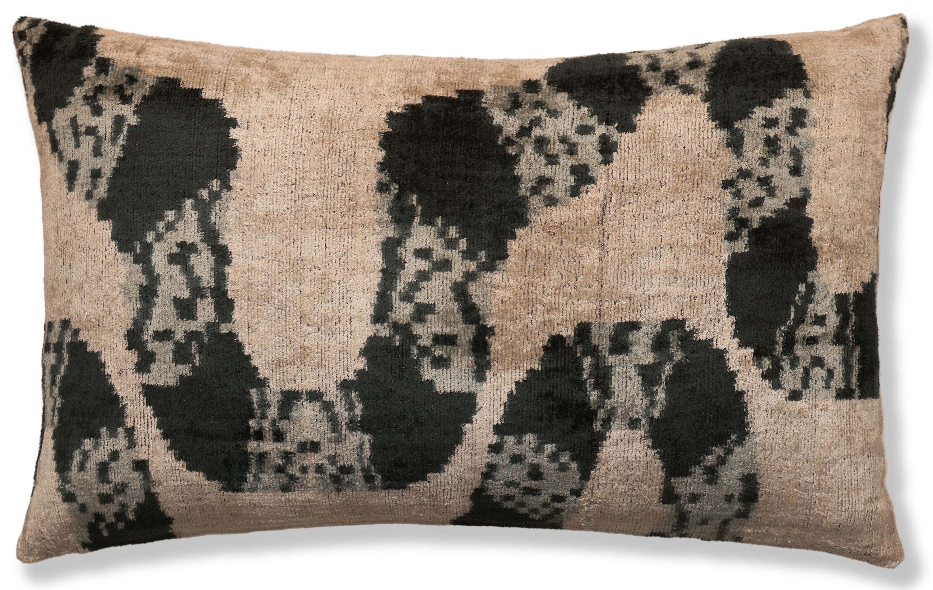 Luxury Black and Natural Silk Velvet Ikat Lumbar Pillow 16x24 Inch with Down Insert